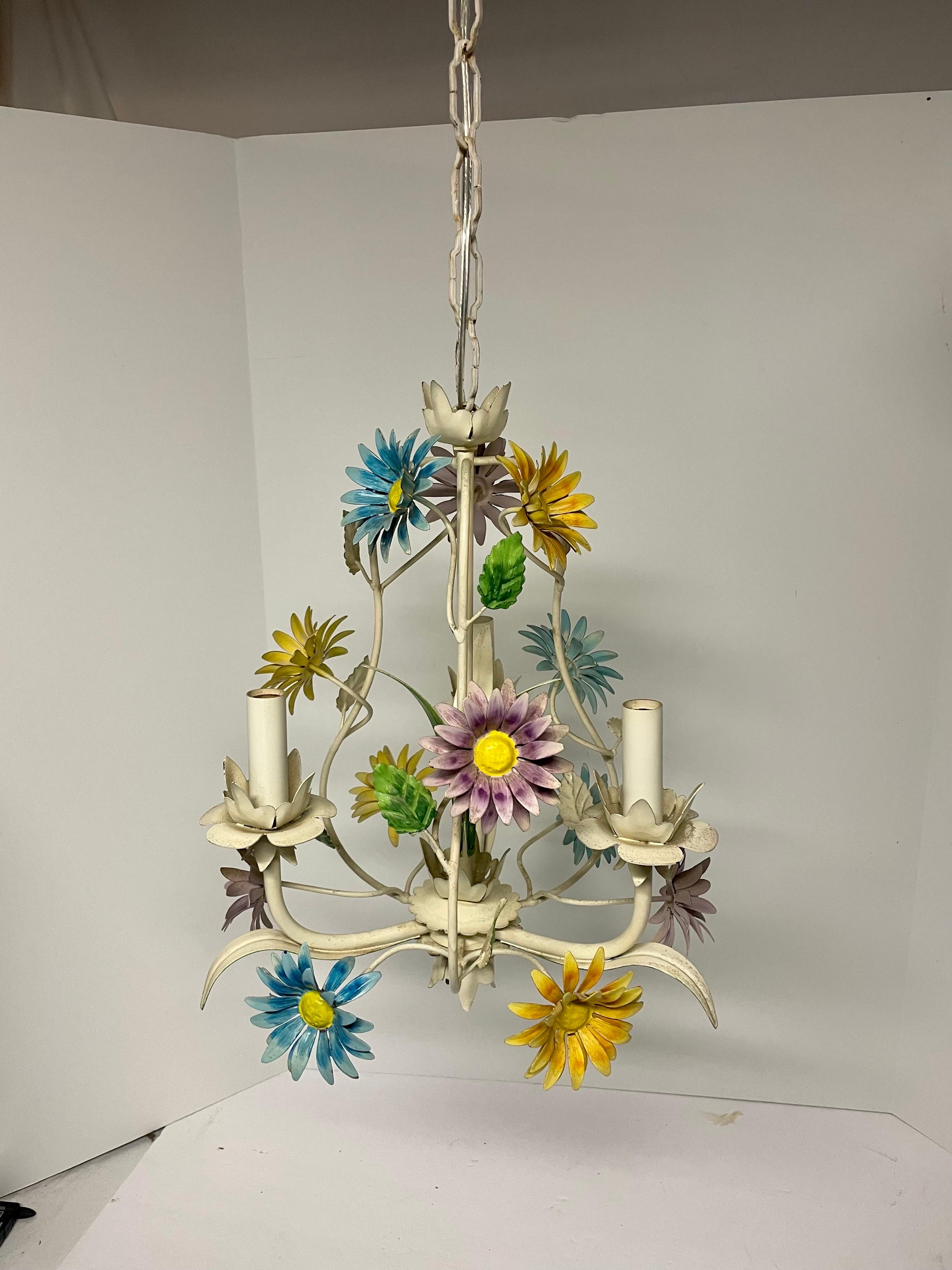 Hand-Painted Colorful Italian Tole Floral Daisy Chandelier