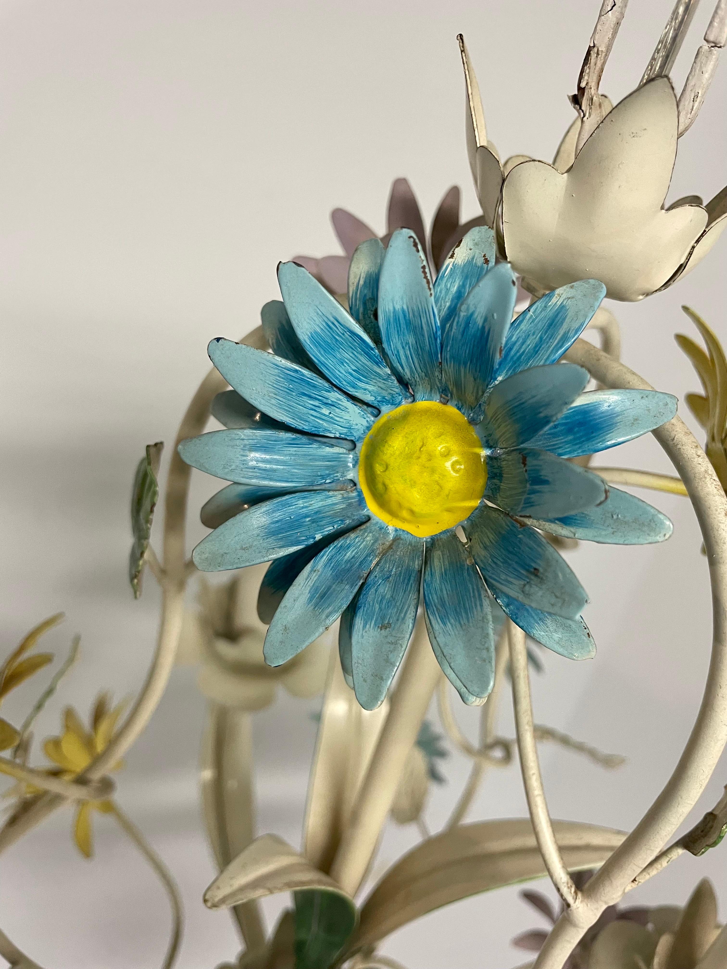 Colorful Italian Tole Floral Daisy Chandelier In Good Condition In New York, NY
