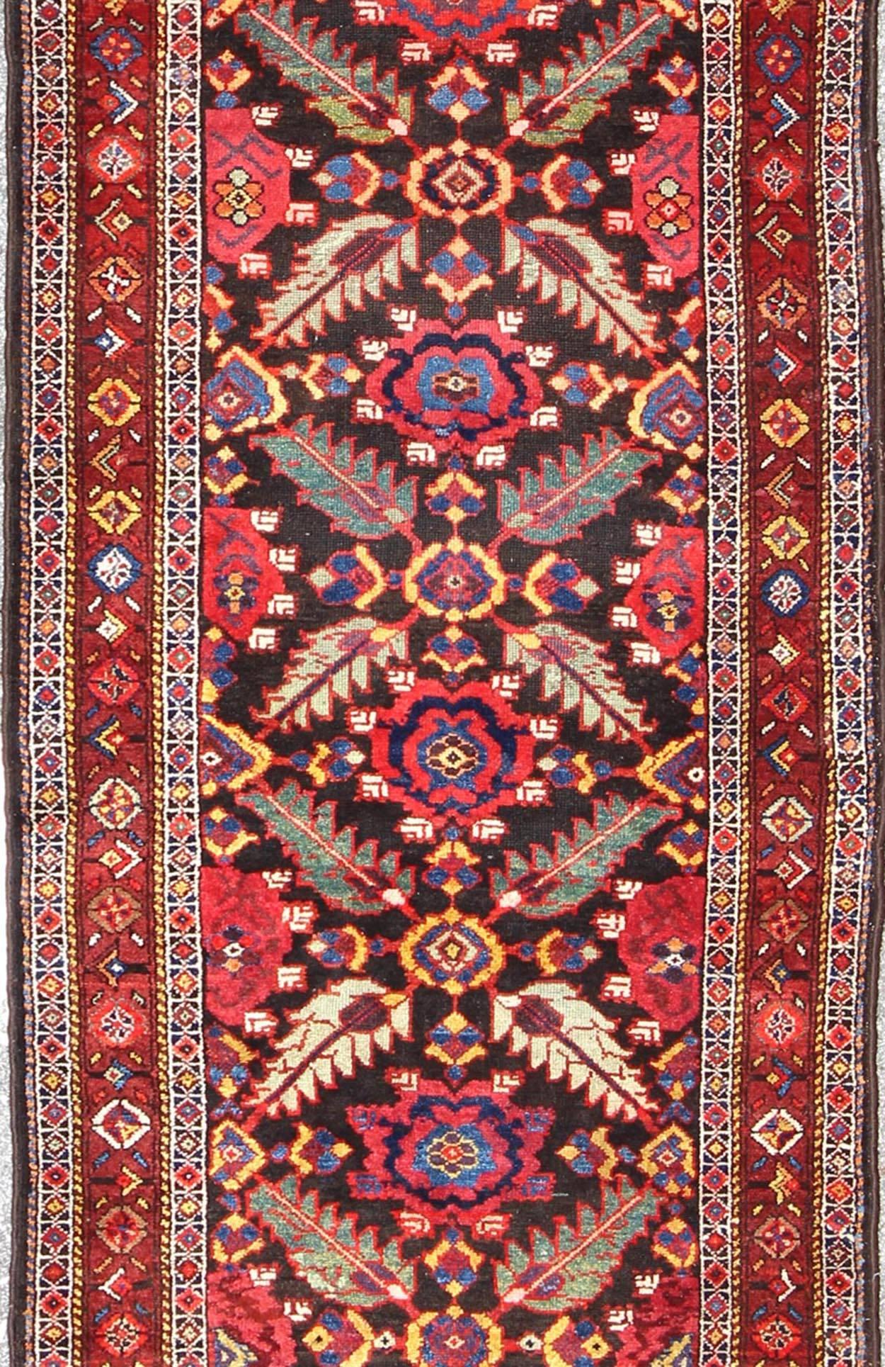 Hand-Knotted Colorful Jewel-Toned Antique Caucasian Karabagh Runner with Tribal Design For Sale