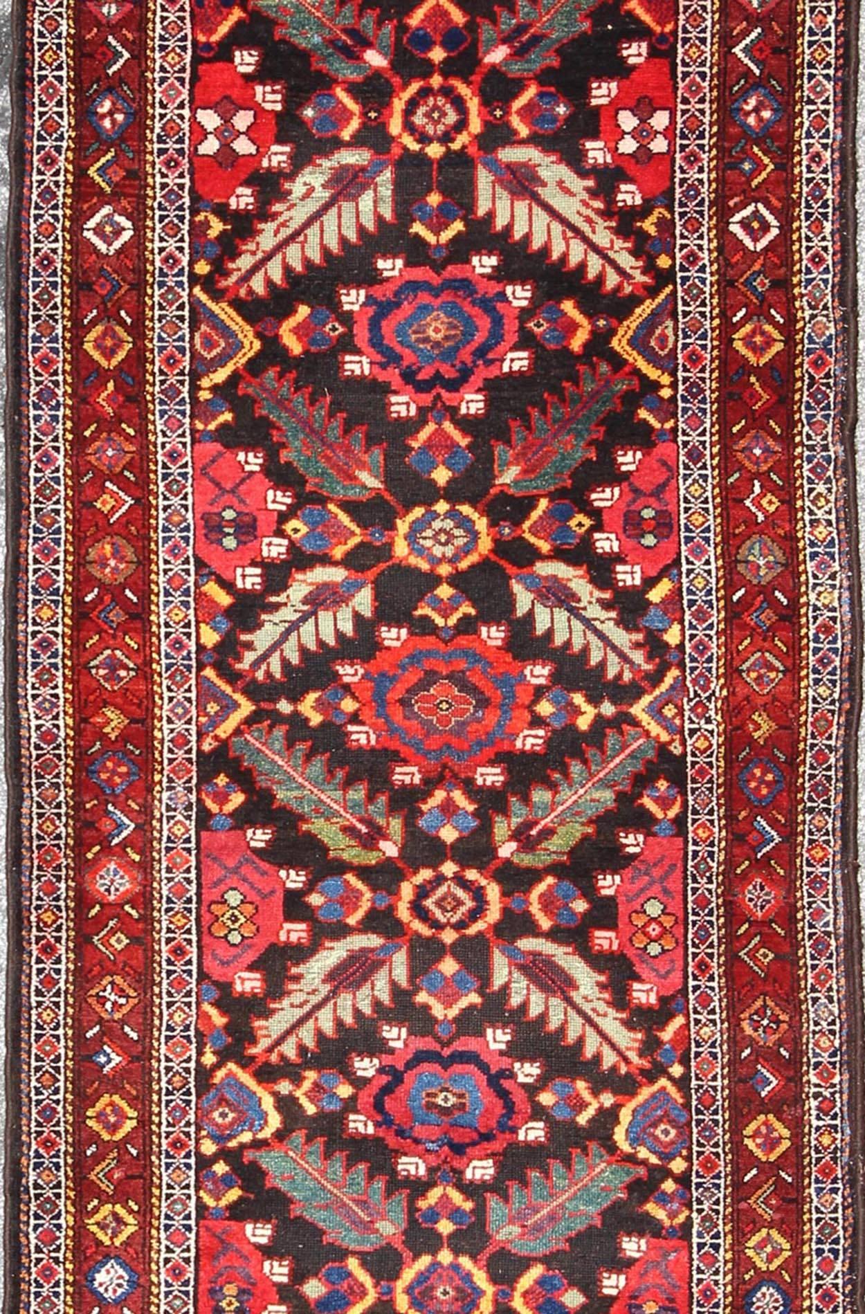 Colorful Jewel-Toned Antique Caucasian Karabagh Runner with Tribal Design In Excellent Condition For Sale In Atlanta, GA