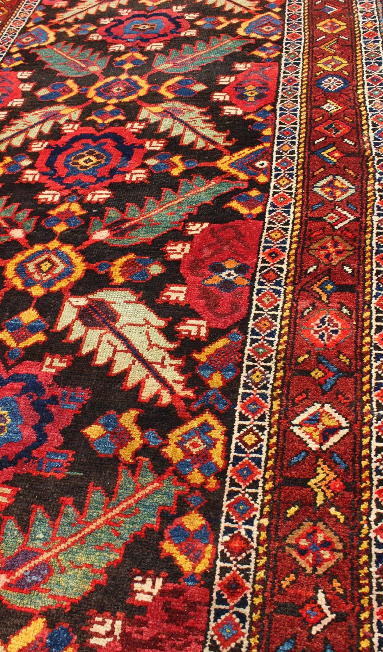 Wool Colorful Jewel-Toned Antique Caucasian Karabagh Runner with Tribal Design For Sale