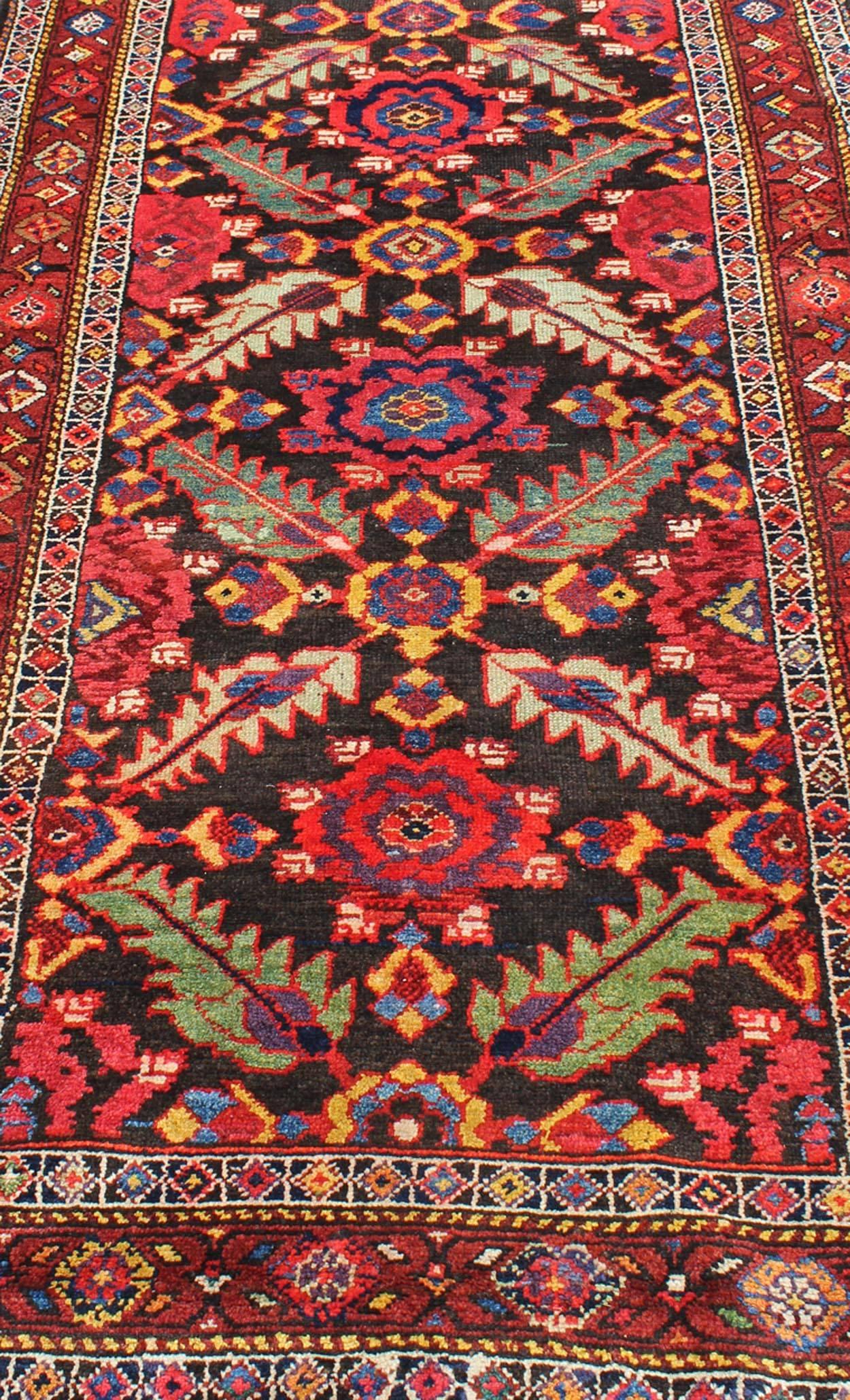 Colorful Jewel-Toned Antique Caucasian Karabagh Runner with Tribal Design For Sale 1