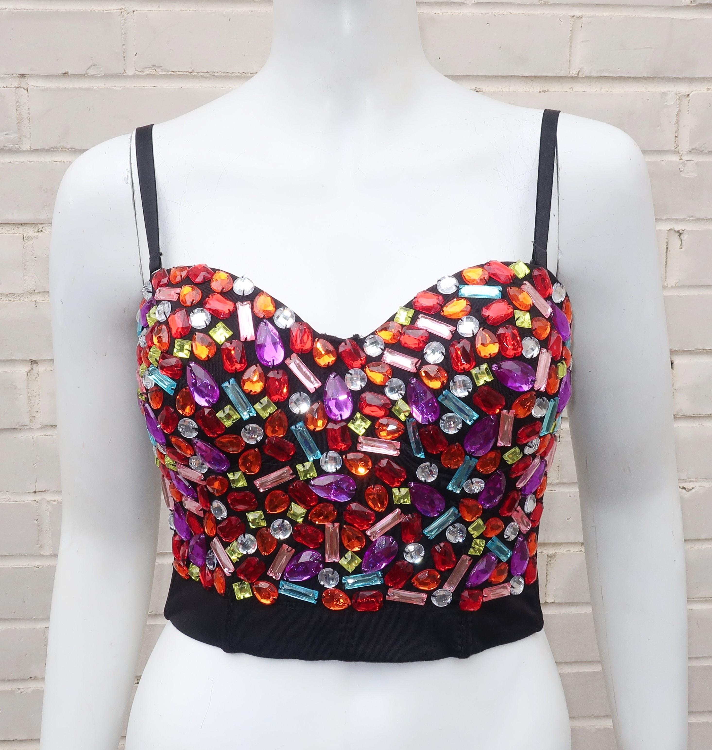 This jeweled black bustier top is just for fun and though contemporary is a flashback to 1980's fashions.  The stretchy black bra style design has adjustable and removable straps with a row of five hook and eye closures offering four sizing