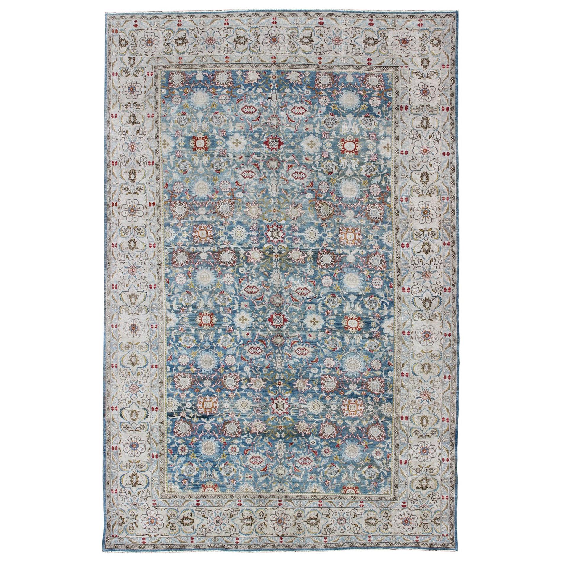 Colorful Large Antique Blue Gray Background Fine Persian Malayer Rug For Sale