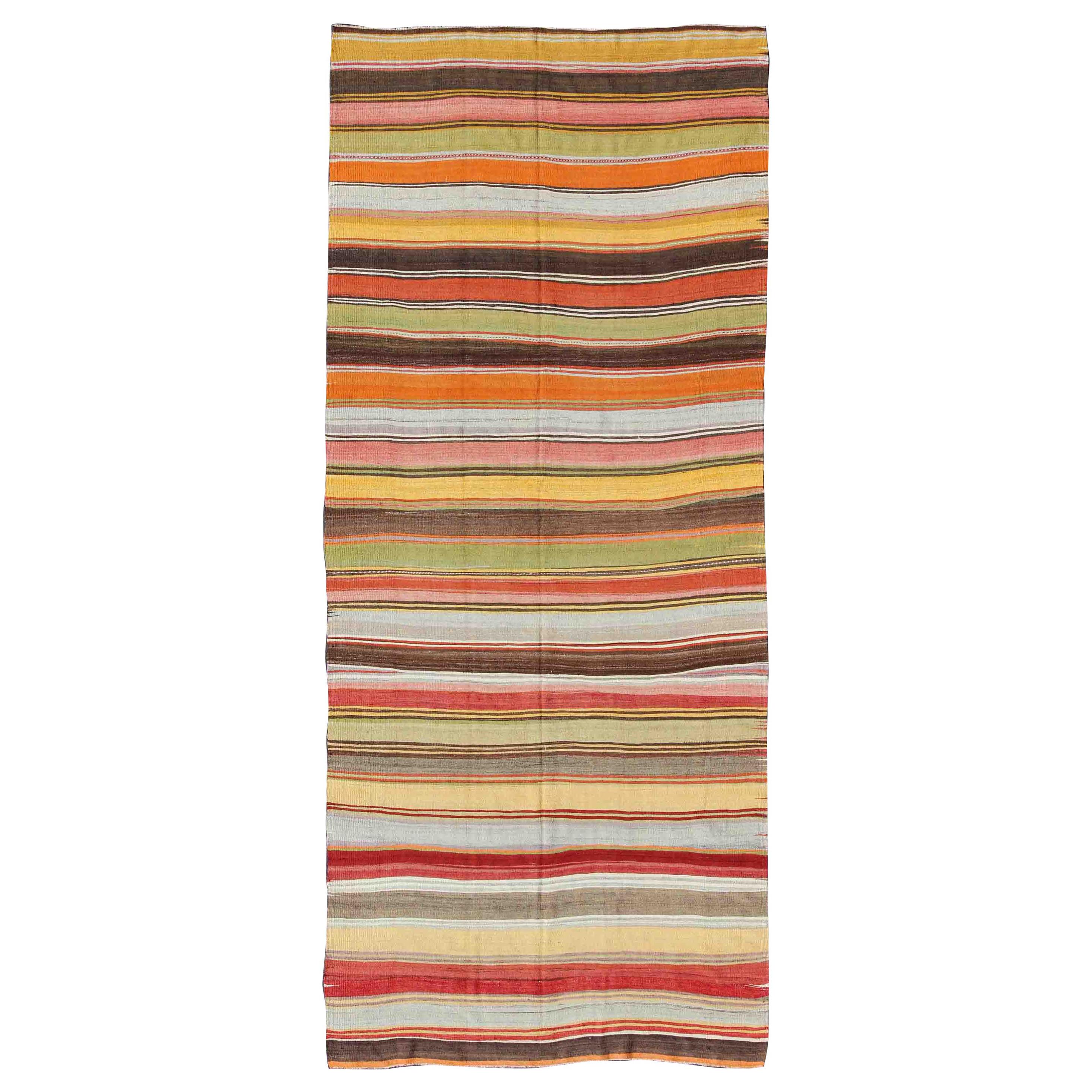 Colorful Large Gallery Runner Kilim Flat-Weave Rug with Horizontal Stripe Design For Sale