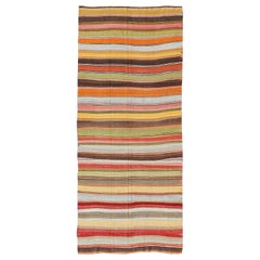 Retro Colorful Large Gallery Runner Kilim Flat-Weave Rug with Horizontal Stripe Design