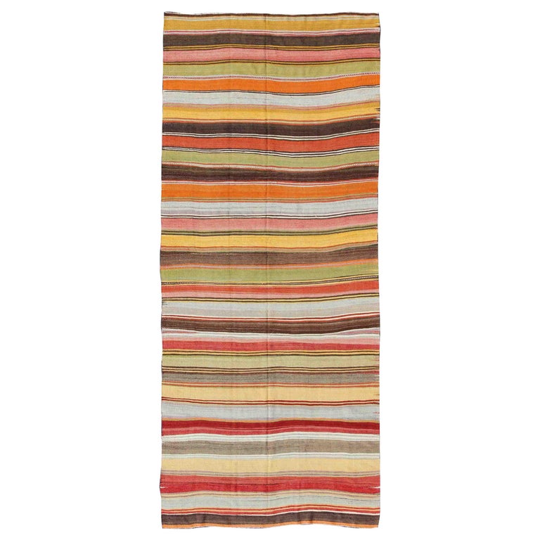Colorful Large Gallery Runner Kilim Flat-Weave Rug with Horizontal ...
