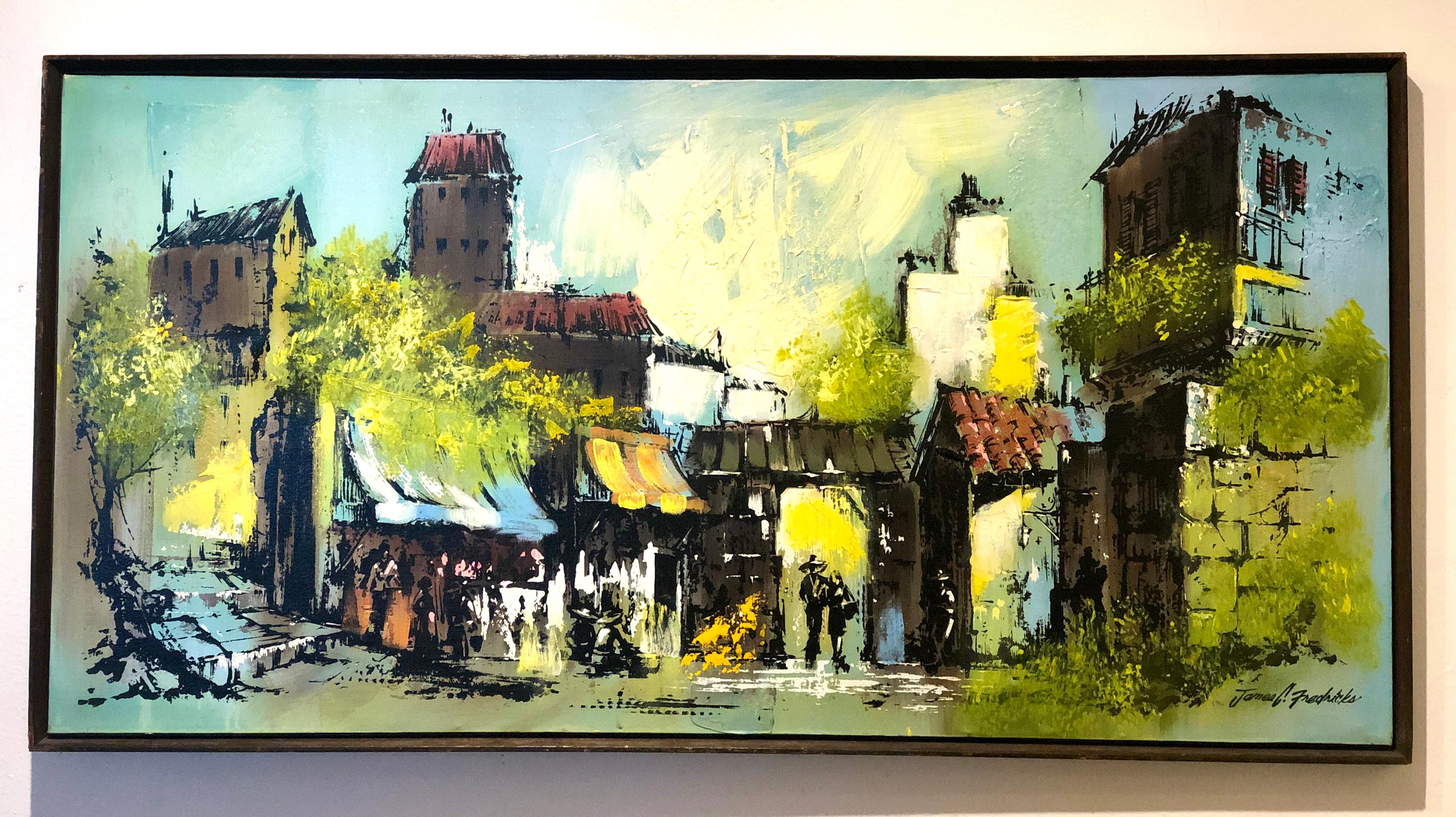 1970s original oil on canvas by artist James C Fredericks, circa 1970s, the painting its in original condition very nice and clean beautiful colors has its original frame , in wood its worn with some chips on the paint but its original , it can be