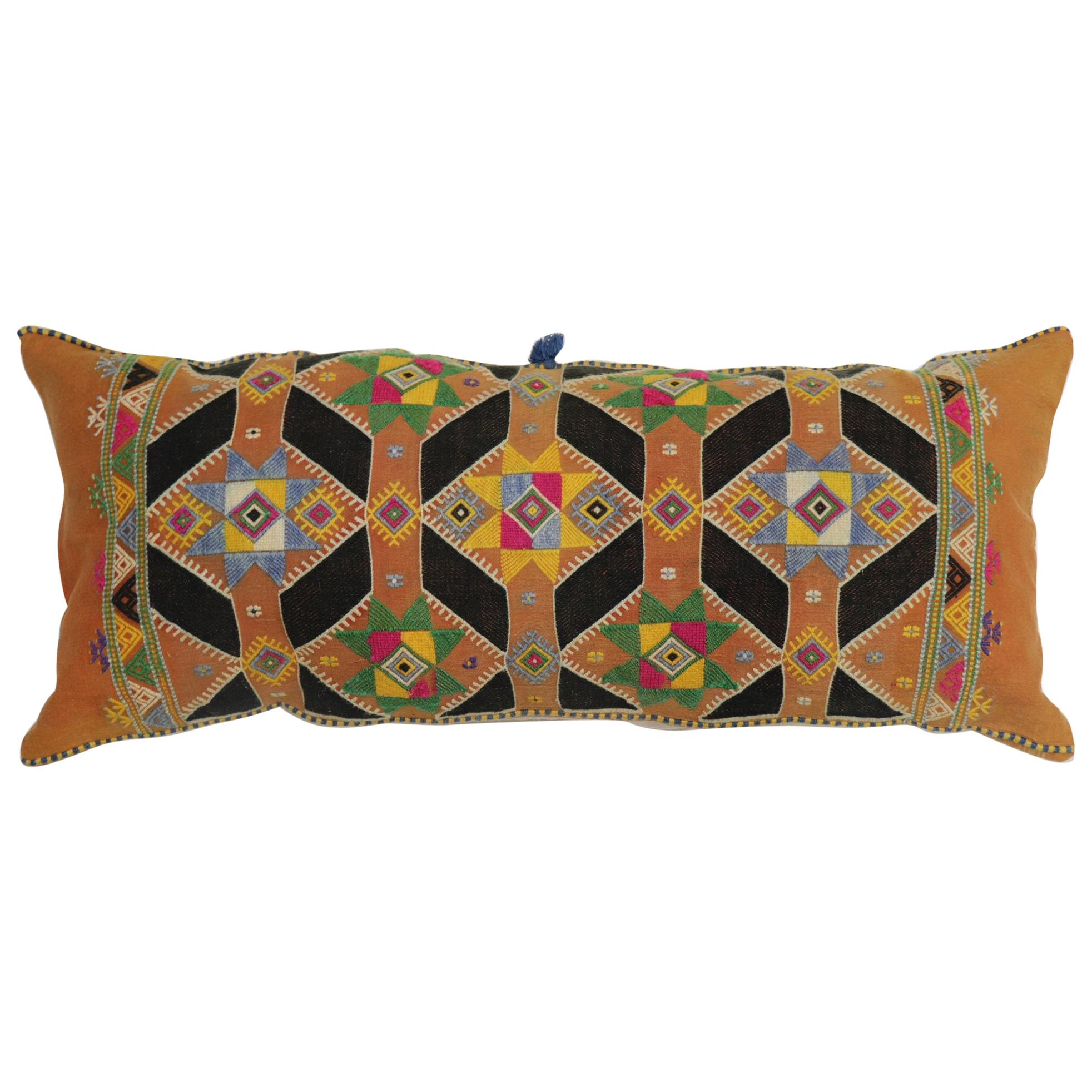 Colorful Large Vintage Hand Knotted Indian Textile Bolster Pillow