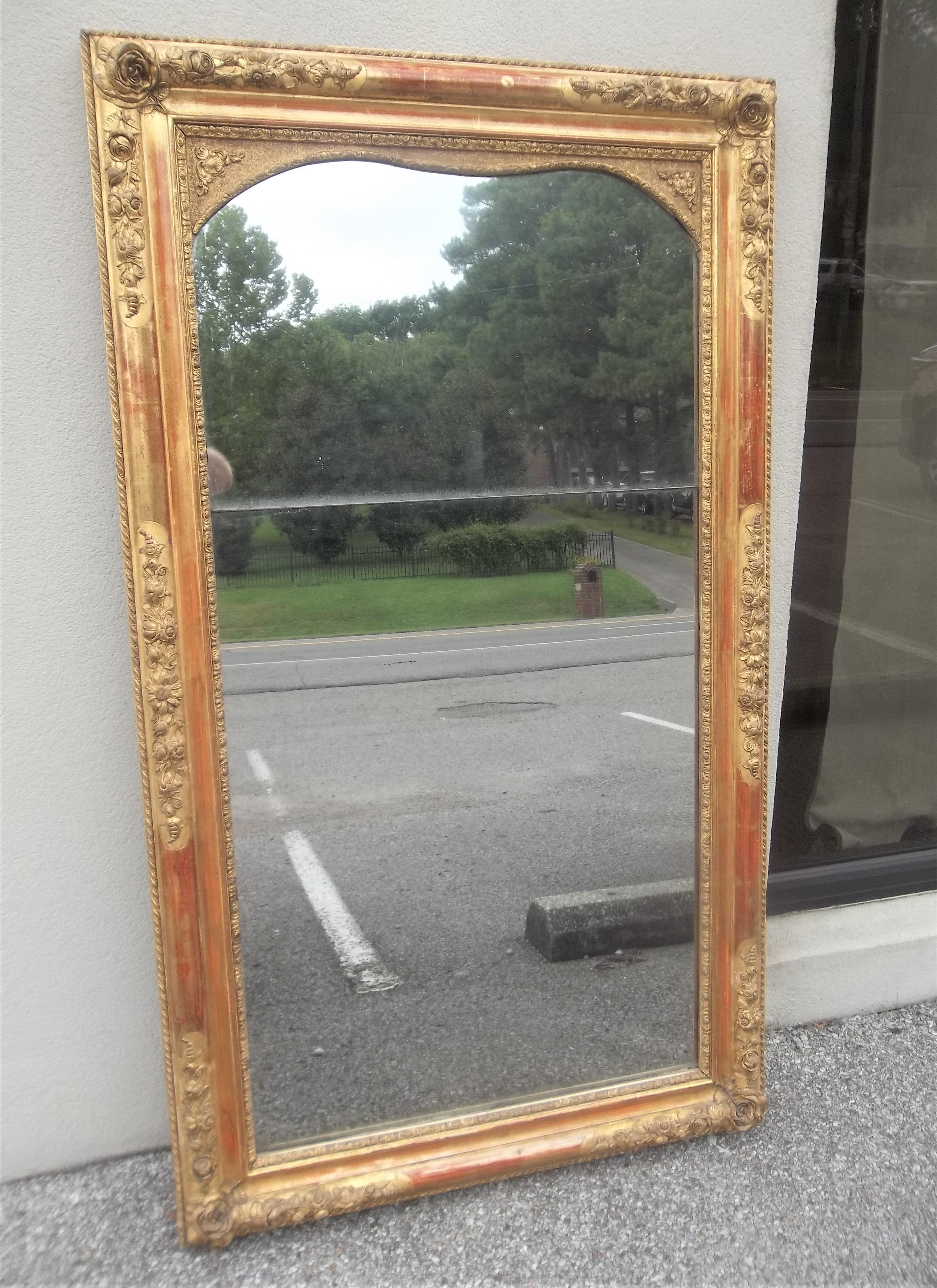 French Colorful Lemon Giltwood Louis XVI Style Mirror With Floral Garlands 