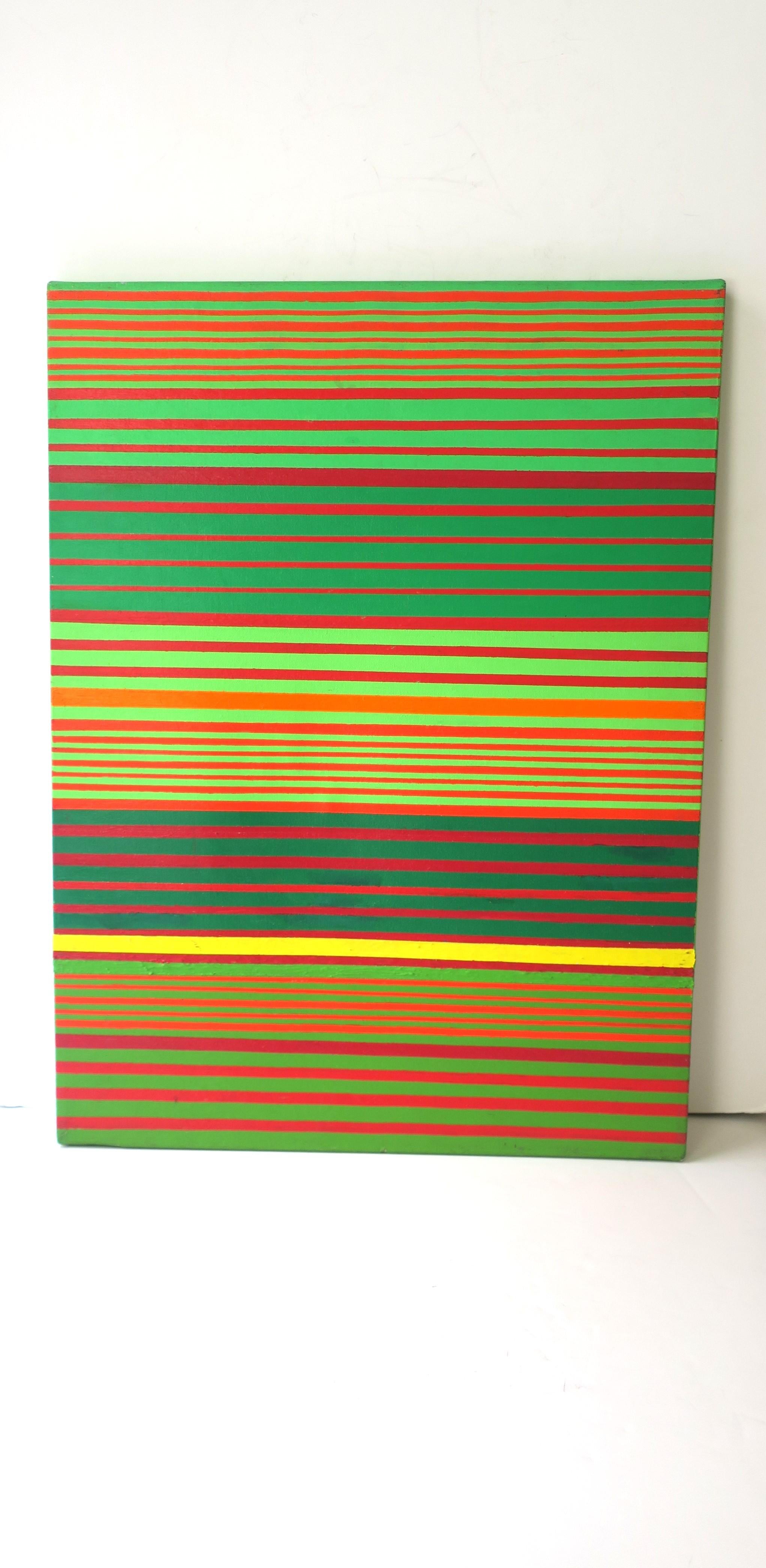 Quadro lineare colorato, 'Springtime', firmato dall'artista, 2003, New York, NY. Quadro lineare colorato, con disegno orizzontale, datato, firmato e nominato sul retro come mostrato nelle ultime due immagini. I colori includono sfumature di verde,