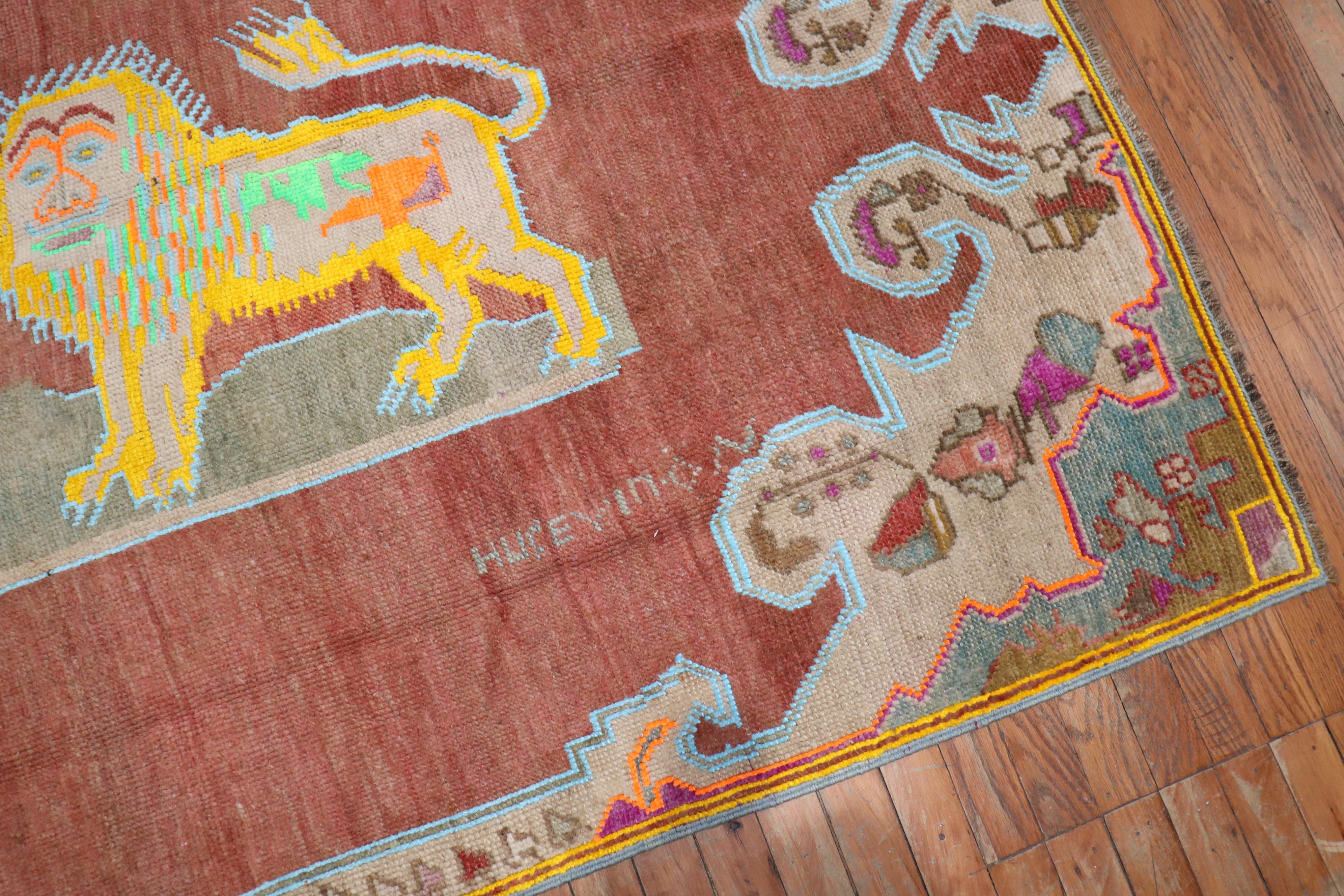 Folk Art Colorful Lion Pictorial Turkish Accent Rug For Sale