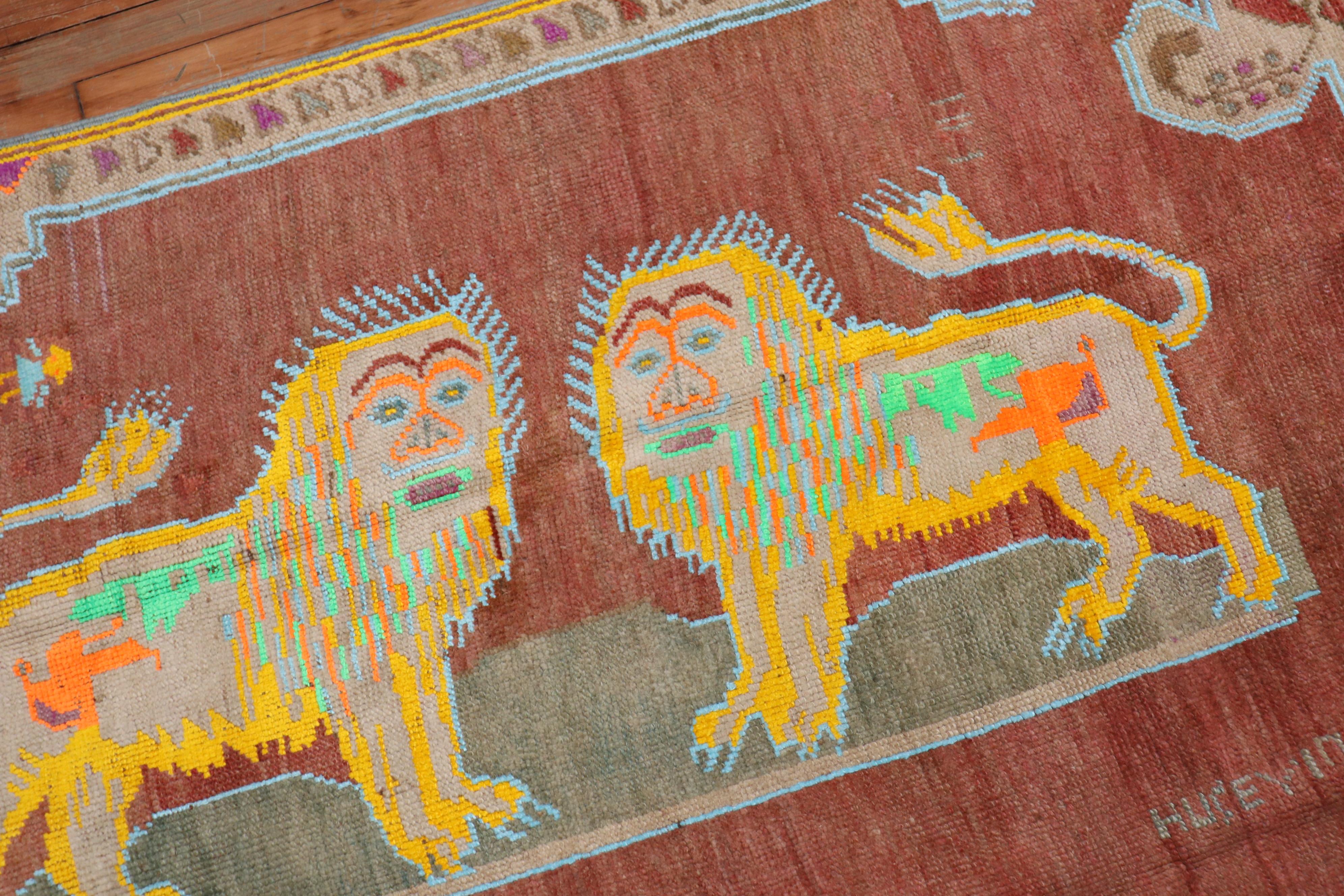 20th Century Colorful Lion Pictorial Turkish Accent Rug For Sale