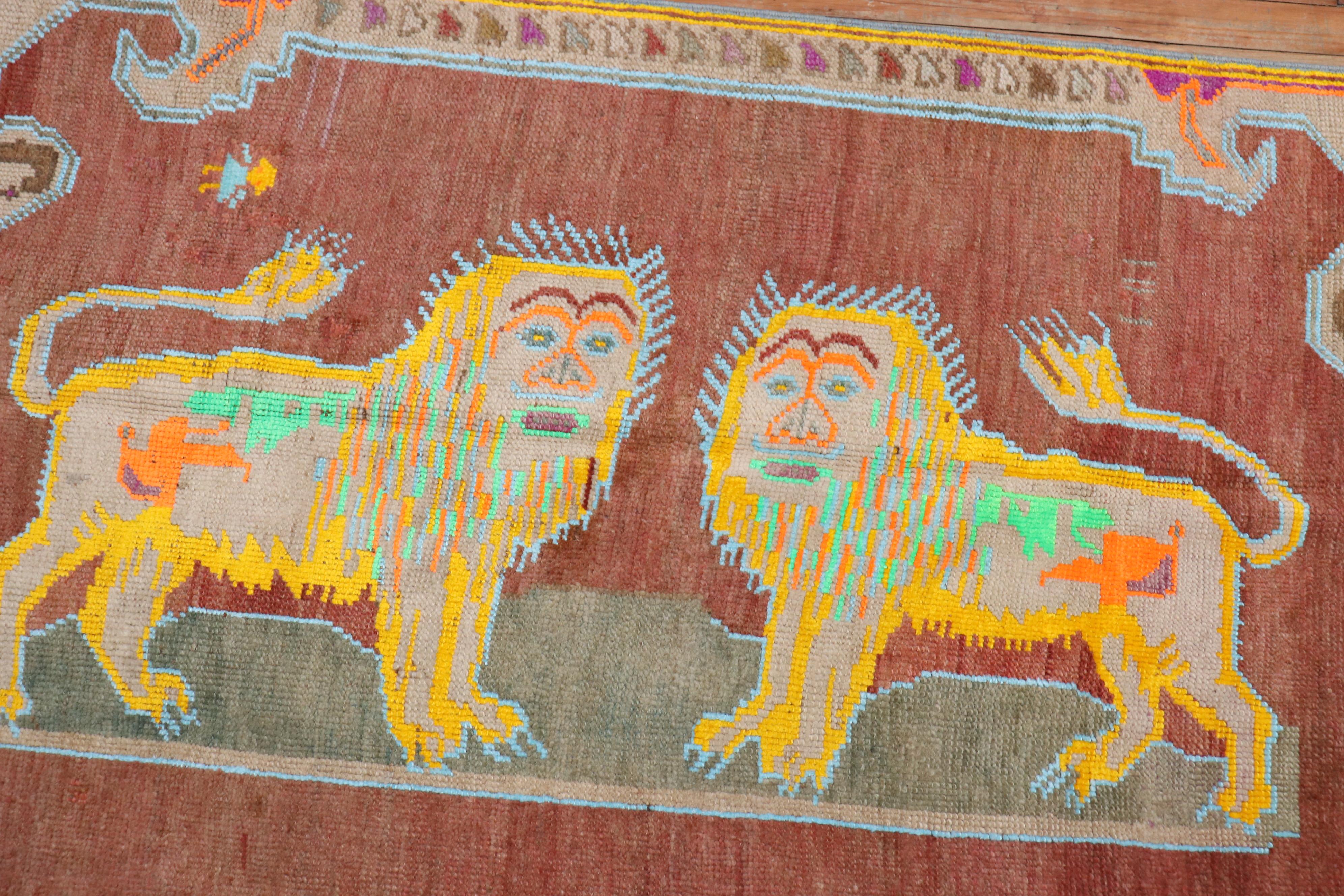 Wool Colorful Lion Pictorial Turkish Accent Rug For Sale