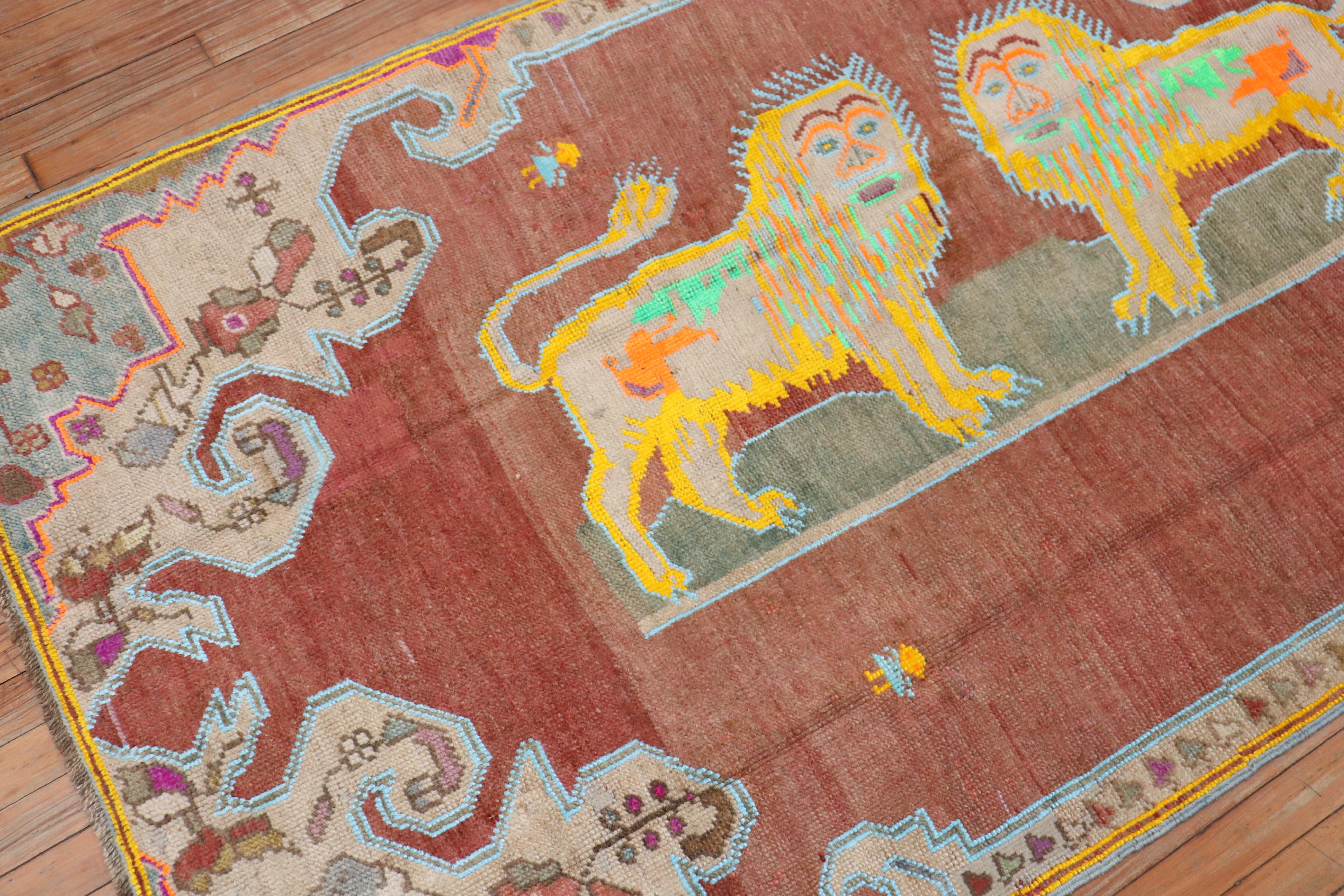 Colorful Lion Pictorial Turkish Accent Rug For Sale 1