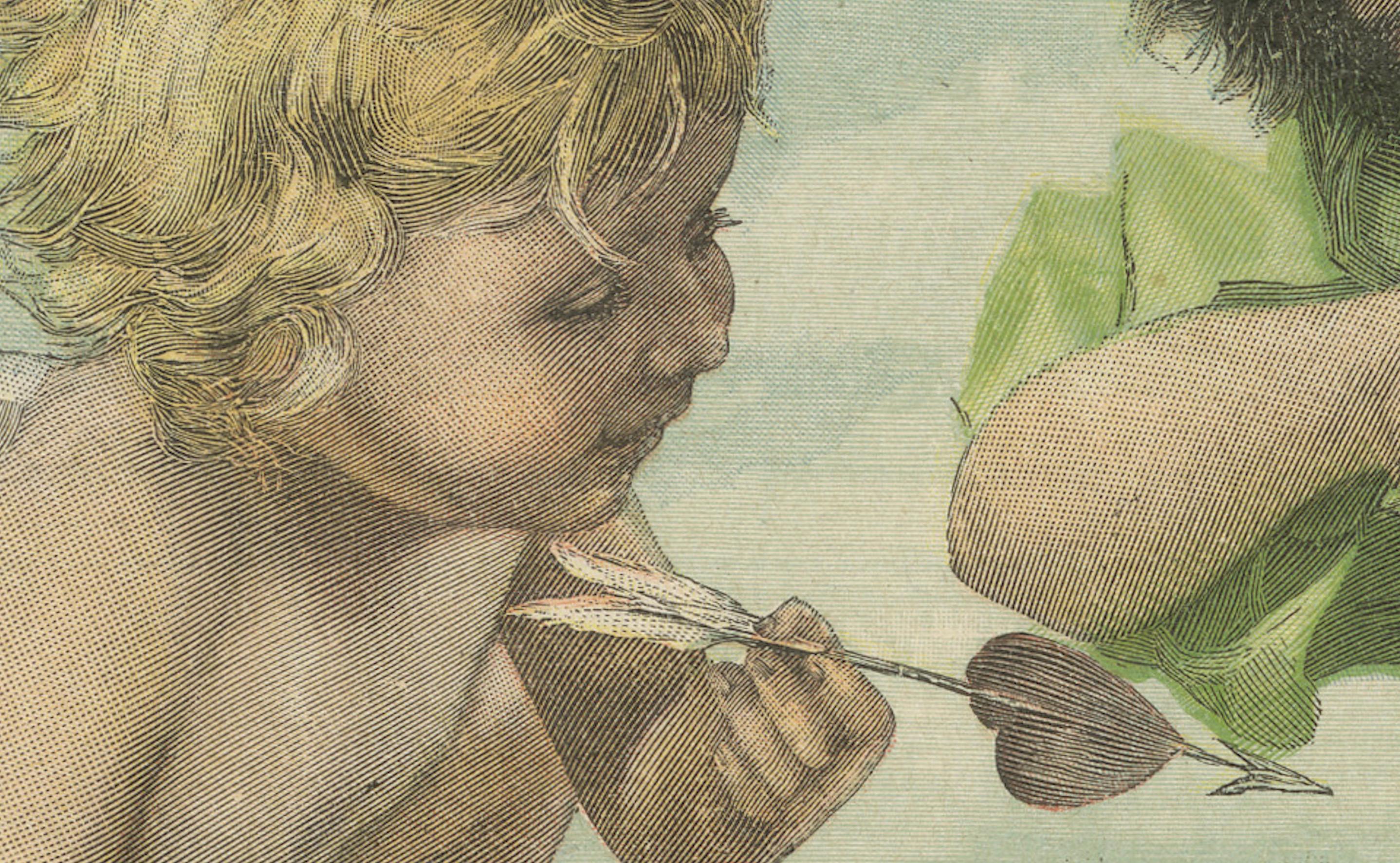 Farbenfrohe Lithographie einer Frau mit Putte - Die Herzensschalerin, um 1895 im Zustand „Gut“ im Angebot in Langweer, NL