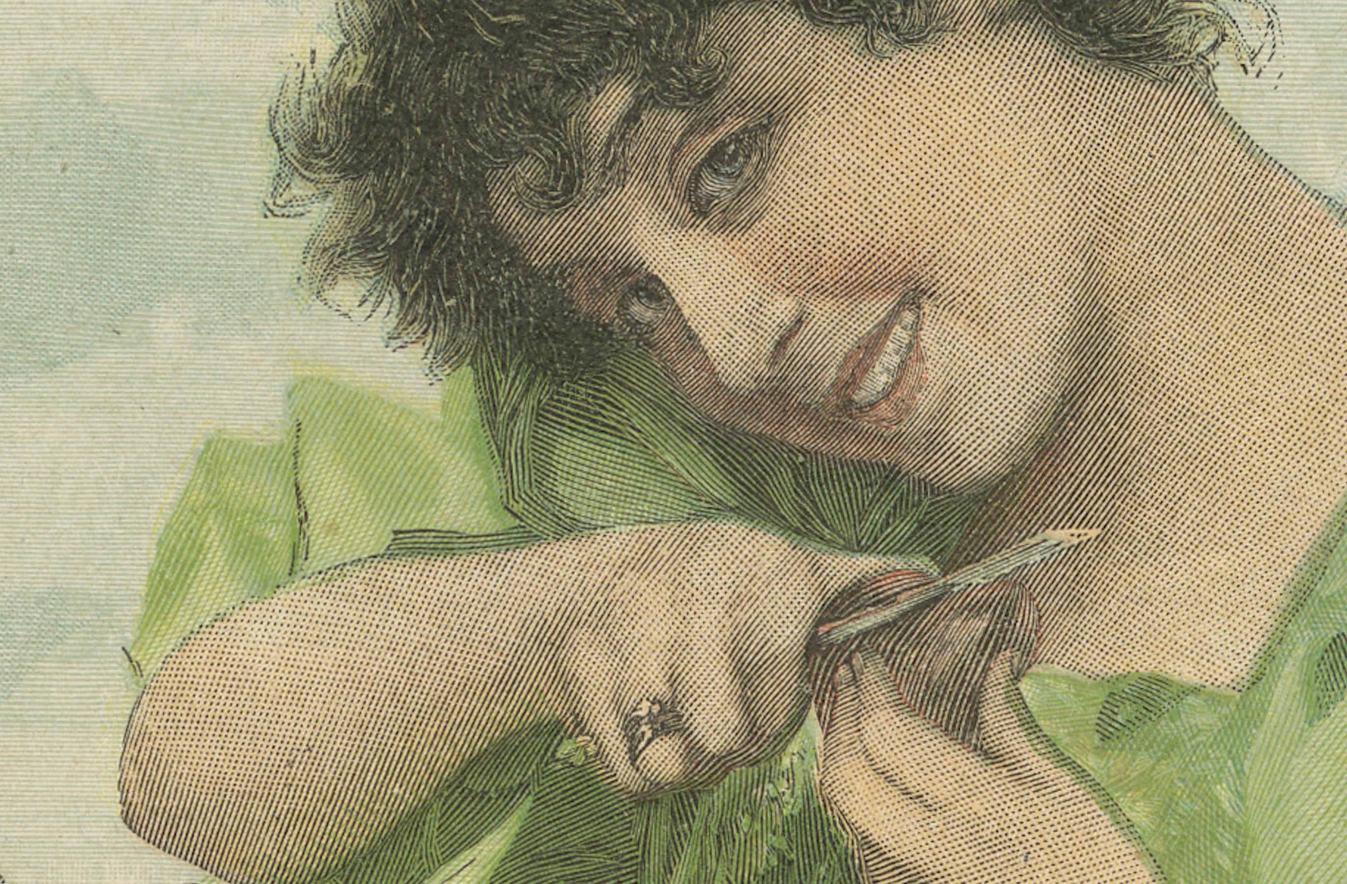 Farbenfrohe Lithographie einer Frau mit Putte - Die Herzensschalerin, um 1895 (Spätes 19. Jahrhundert) im Angebot