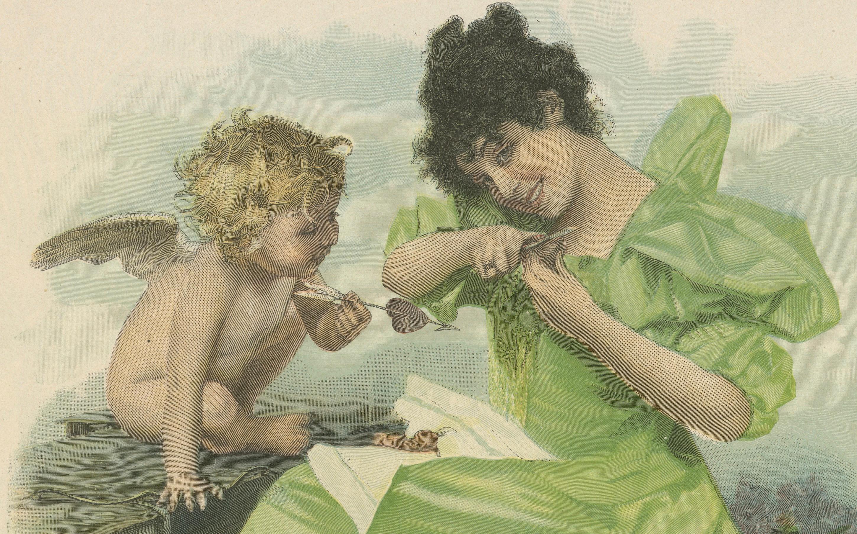 Farbenfrohe Lithographie einer Frau mit Putte - Die Herzensschalerin, um 1895 (Papier) im Angebot