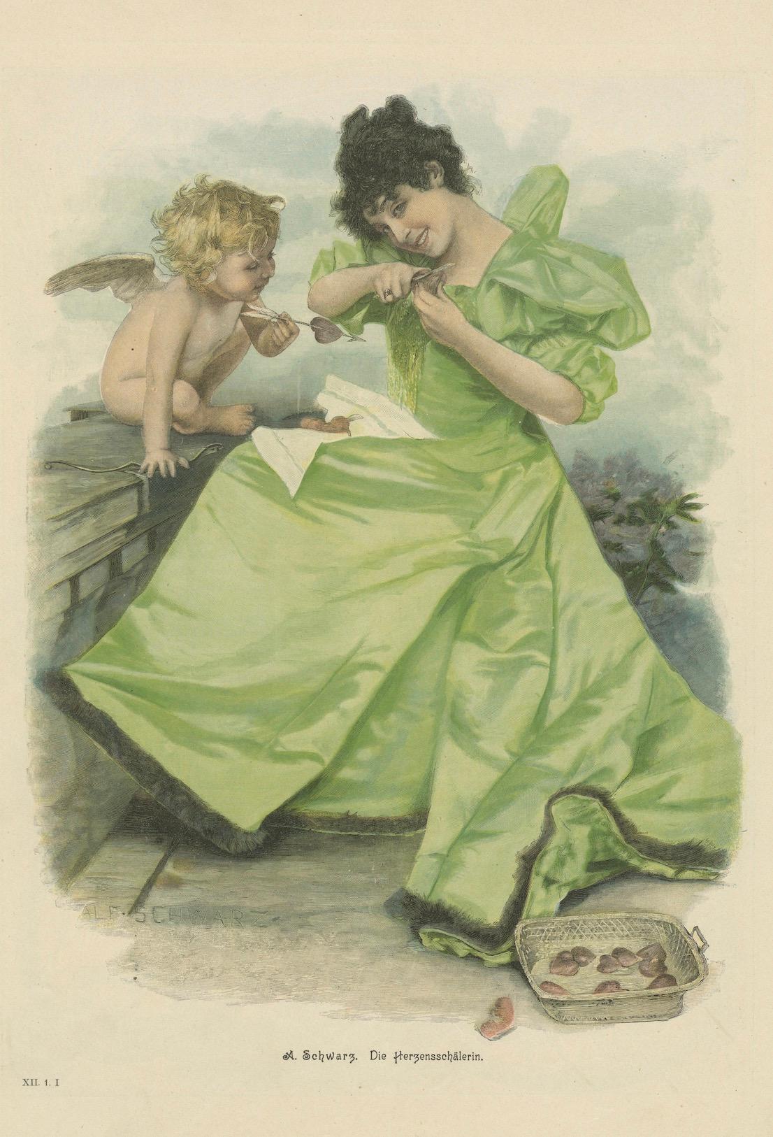 Farbenfrohe Lithographie einer Frau mit Putte - Die Herzensschalerin, um 1895 im Angebot 1