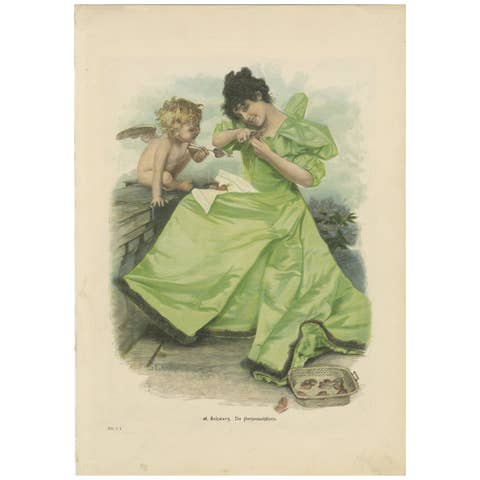 Colorful Lithograph of a Woman and Cherub – Die Herzensschalerin, c. 1895
