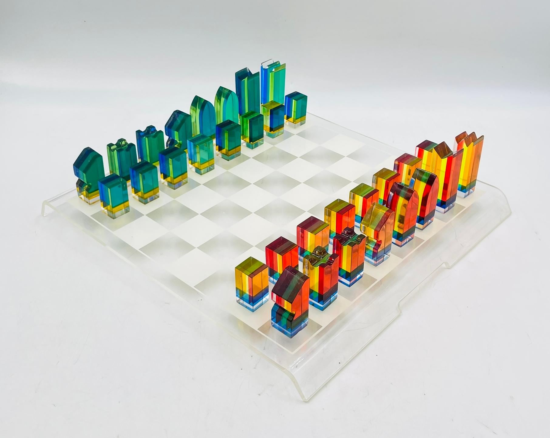 Fatto a mano Colorful Lucite Chess Set by Charles Hollis Jones, USA circa 1960s in vendita