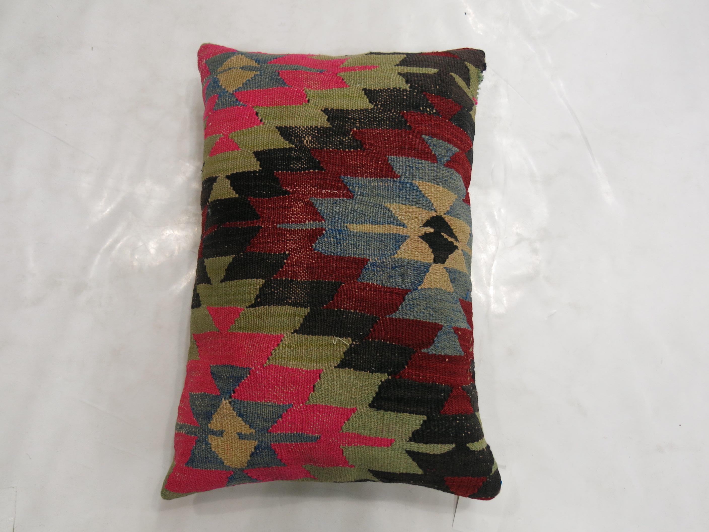 Colorful Lumbar Large Bohemian Turkish Kilim Rug Pillow In Good Condition For Sale In New York, NY