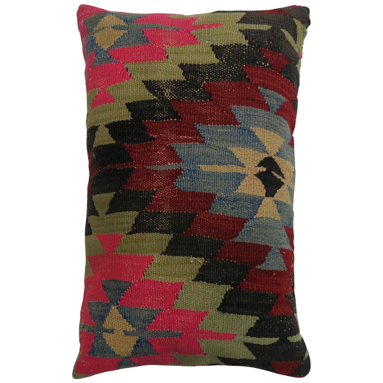 Colorful Lumbar Large Bohemian Turkish Kilim Rug Pillow For Sale at 1stDibs