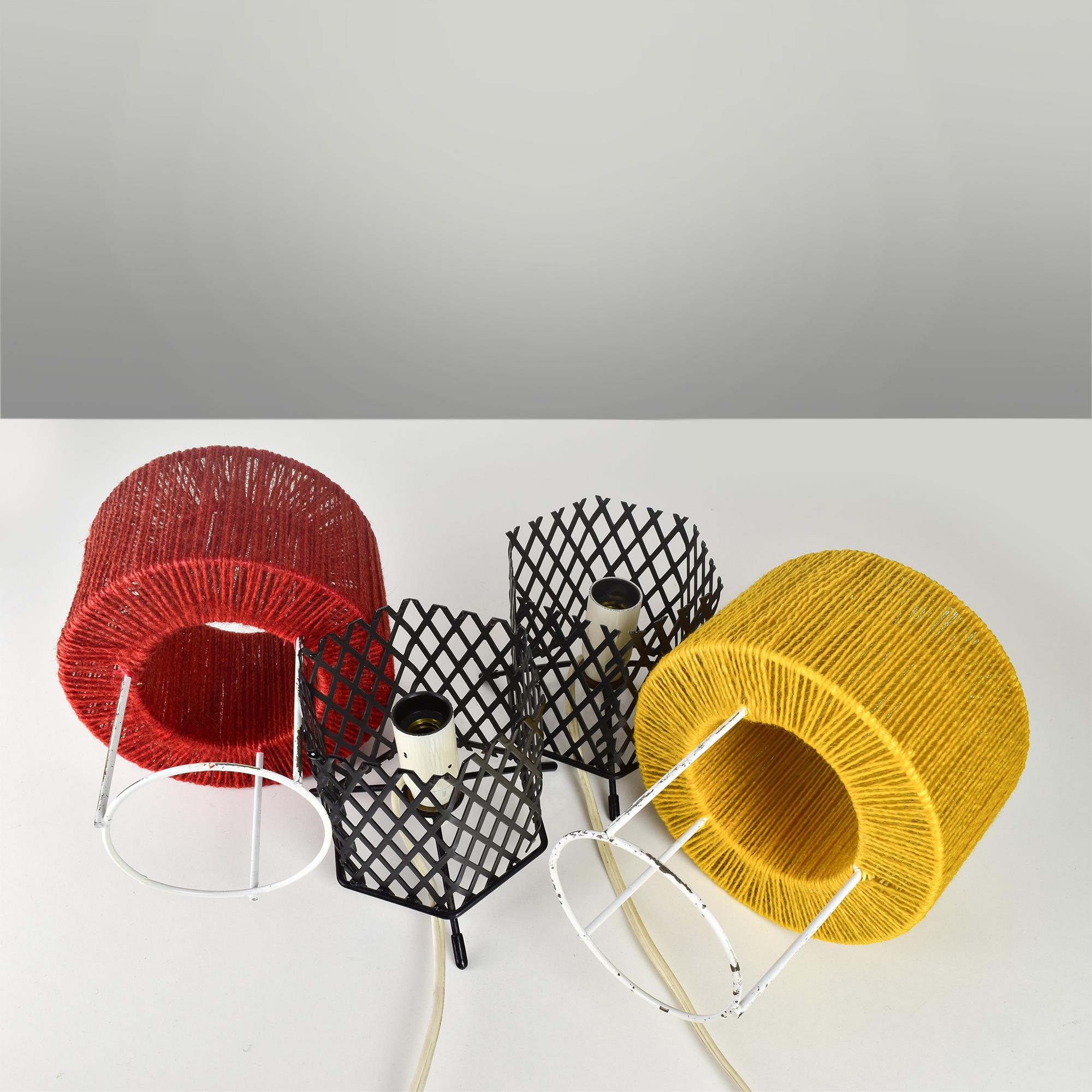 Mid-20th Century Colorful Mathieu Matégot Style Nightstand Lamps - Yarn-Wrapped & Metal Base For Sale