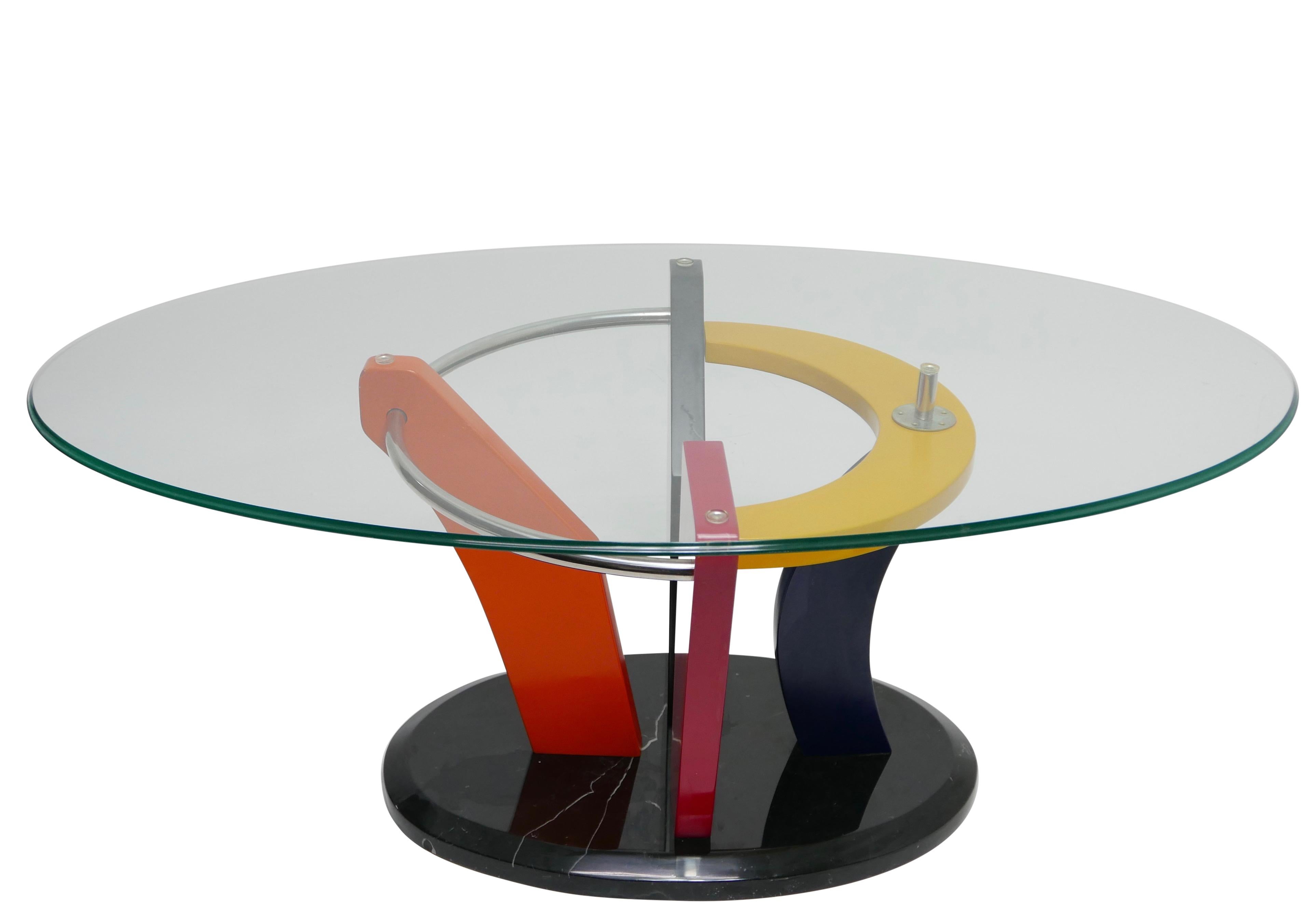 Glass Colorful Memphis Style Oval Coffee Table with Black Marble Base, circa 1980 For Sale