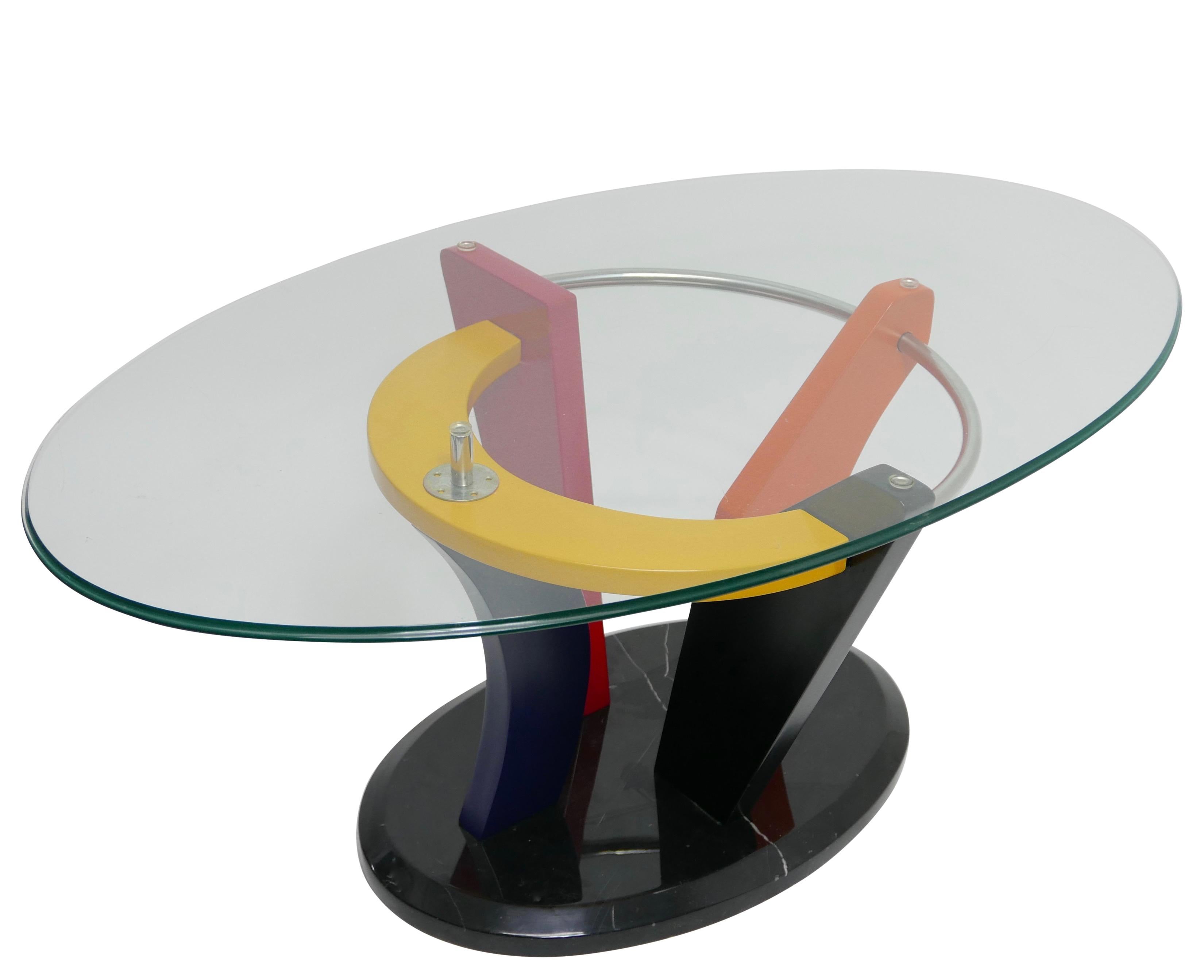Colorful Memphis Style Oval Coffee Table with Black Marble Base, circa 1980 For Sale 1