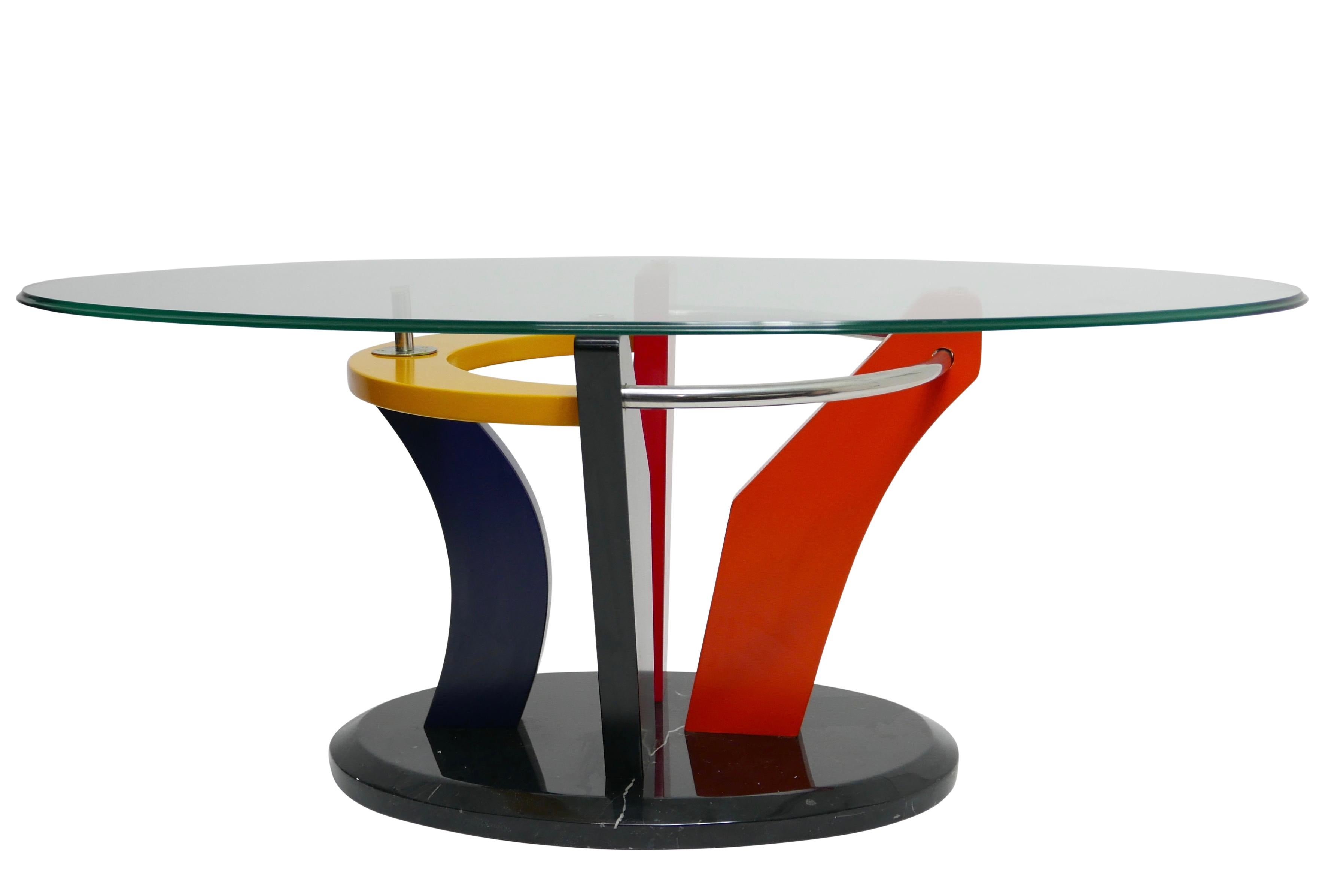 Colorful Memphis Style Oval Coffee Table with Black Marble Base, circa 1980 For Sale 2