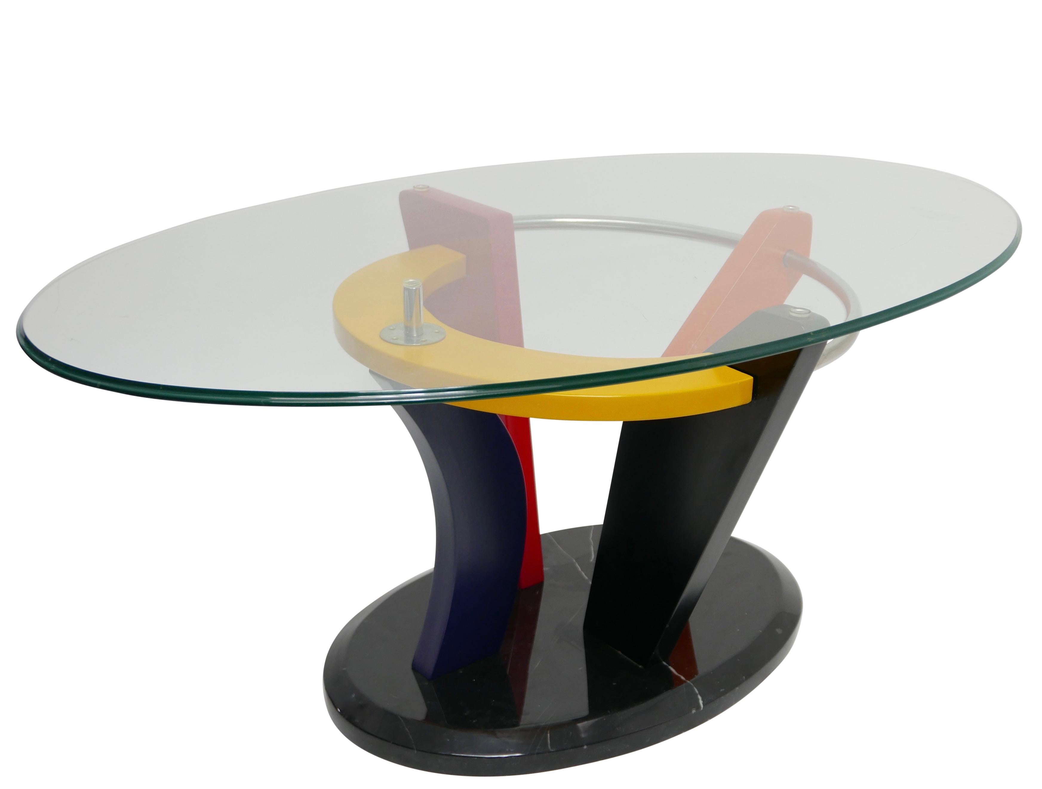 Painted Colorful Memphis Style Oval Coffee Table with Black Marble Base, circa 1980 For Sale
