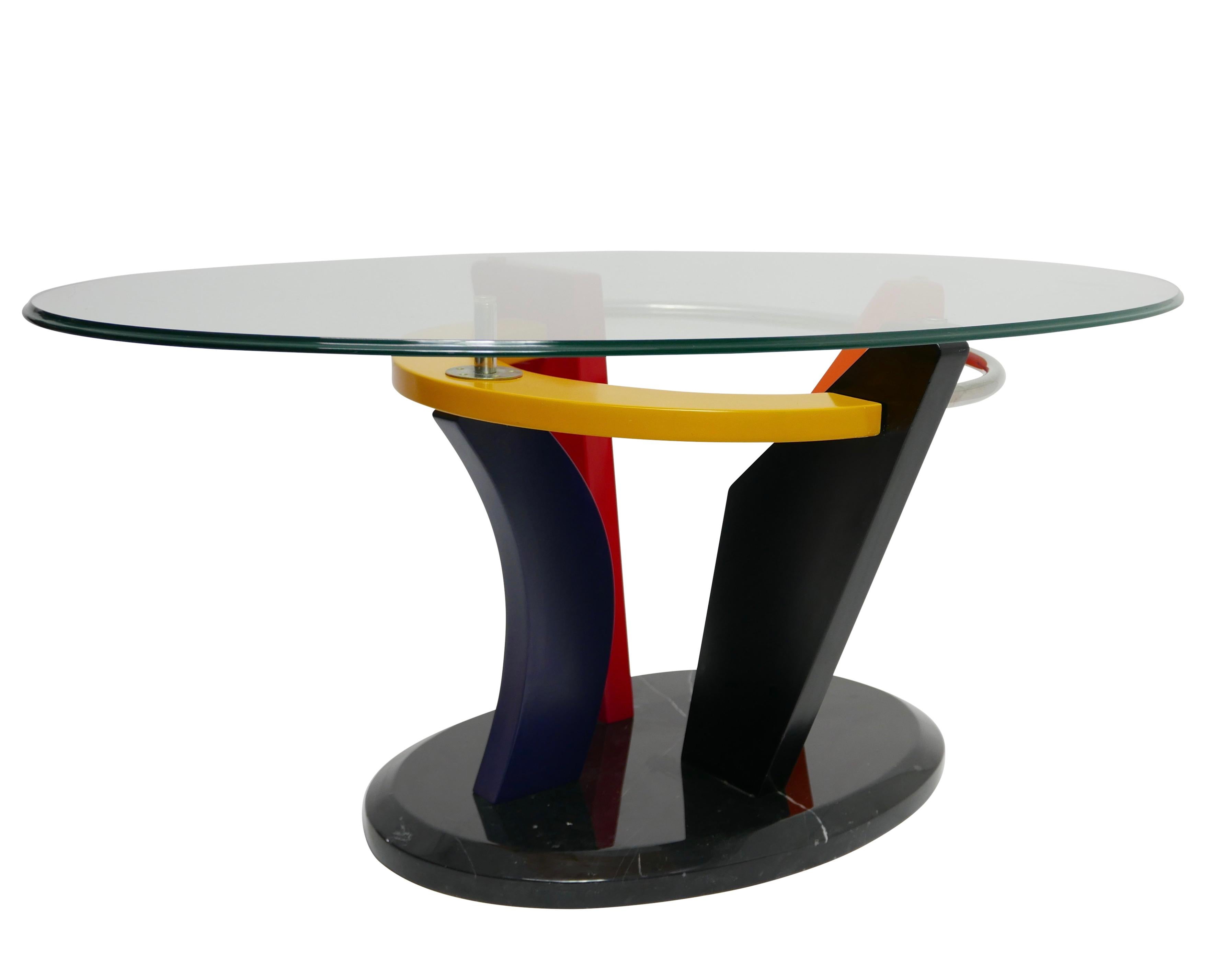 Colorful Memphis Style Oval Coffee Table with Black Marble Base, circa 1980 In Good Condition For Sale In San Francisco, CA