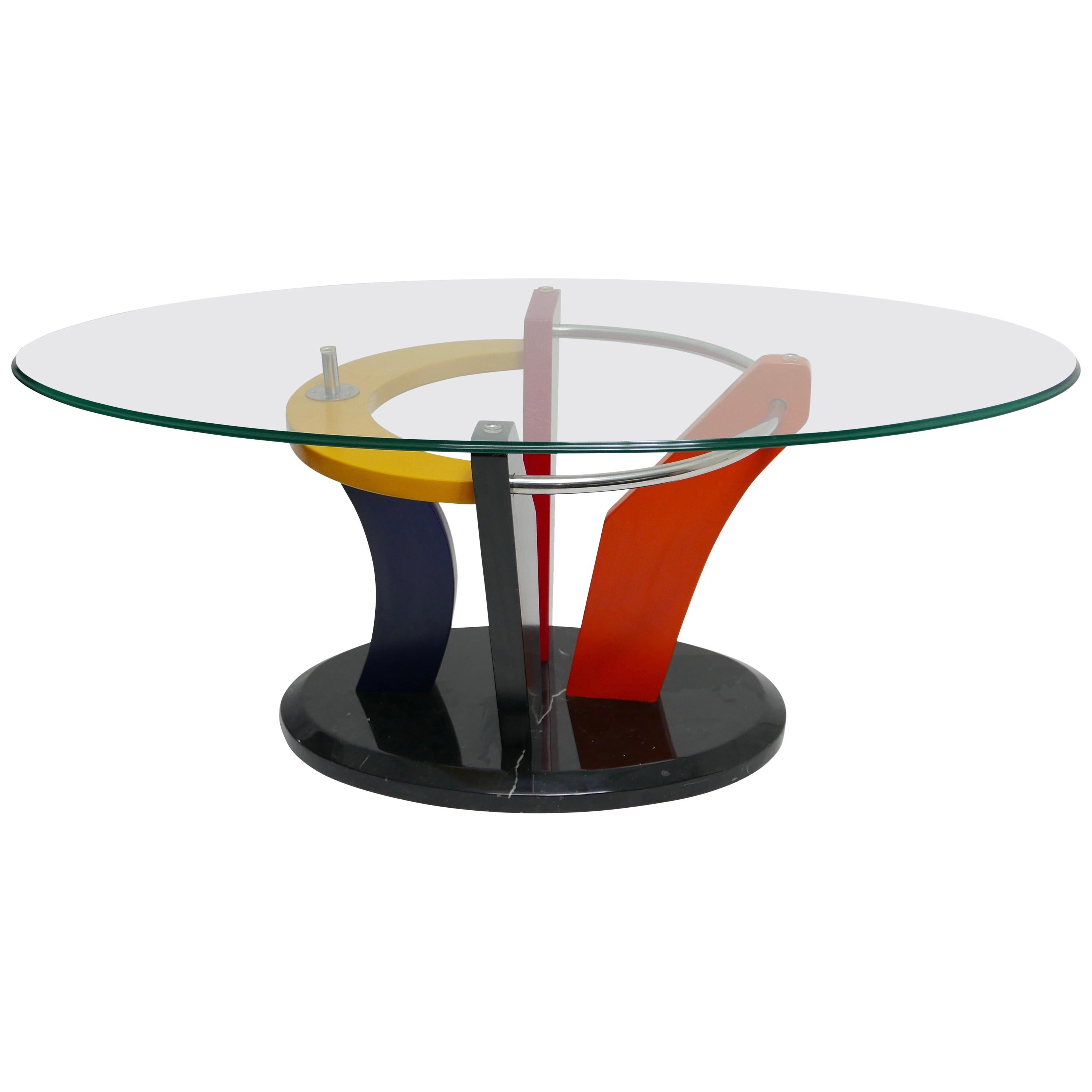 Colorful Memphis Style Oval Coffee Table with Black Marble Base, circa 1980