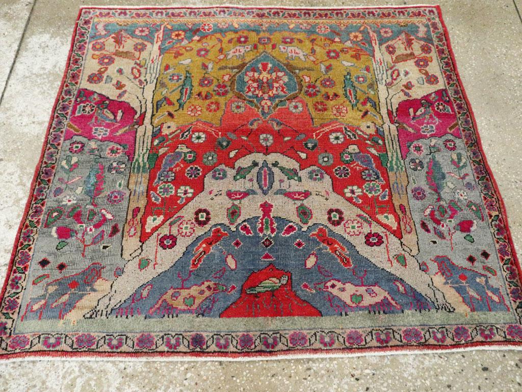 Bohemian Colorful Mid-20th Century Handmade Persian Pictorial Tabriz Square Throw Rug For Sale