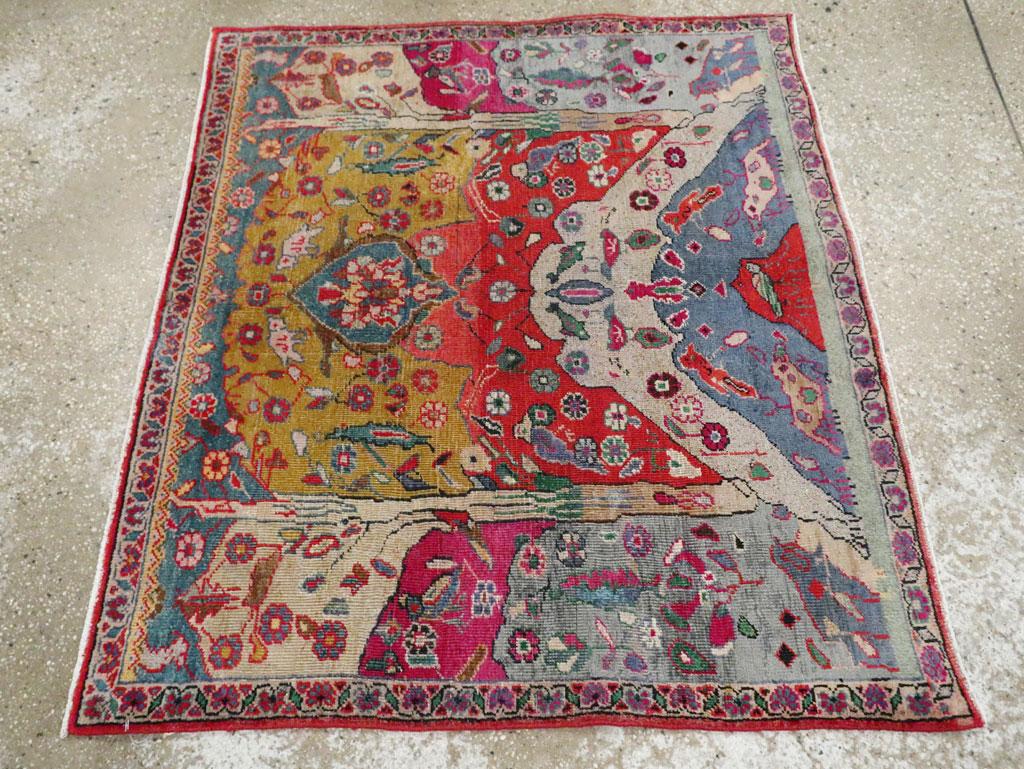 Colorful Mid-20th Century Handmade Persian Pictorial Tabriz Square Throw Rug In Good Condition For Sale In New York, NY