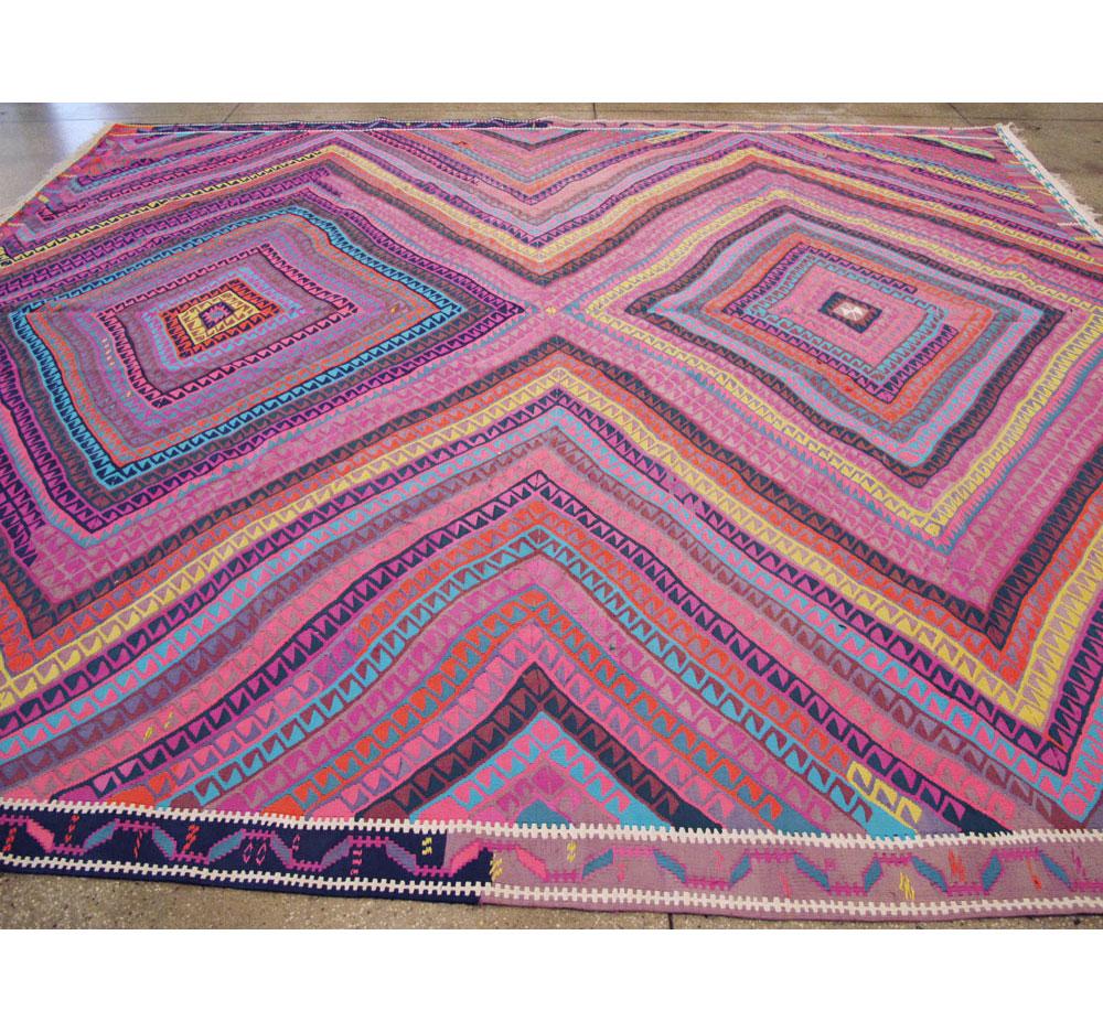 Colorful Mid-20th Century Handmade Turkish Flat-Weave Kilim Square Room Size Rug For Sale 2