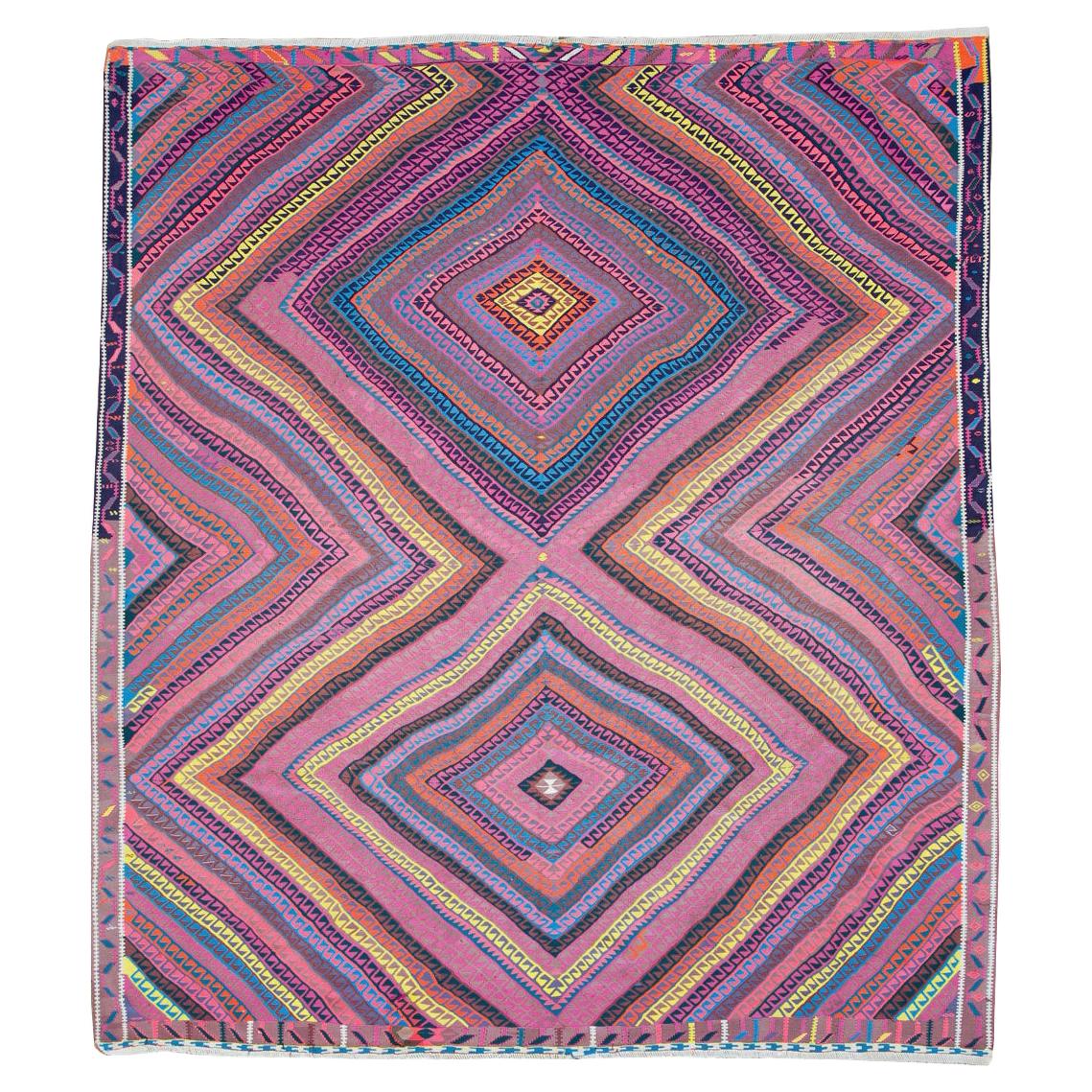 Colorful Mid-20th Century Handmade Turkish Flat-Weave Kilim Square Room Size Rug For Sale