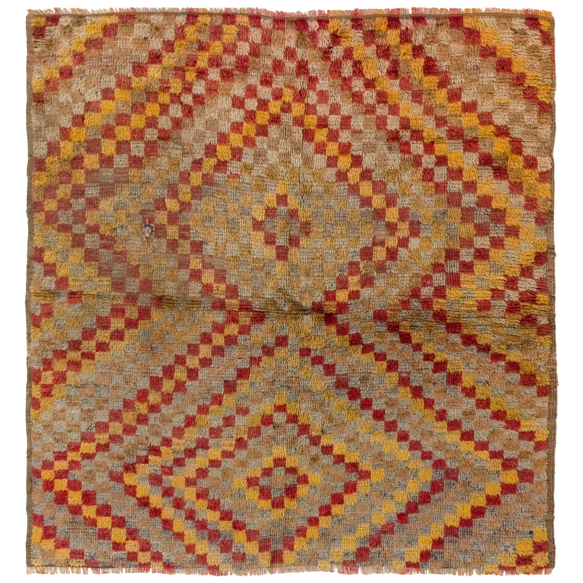 Tapis Tulu anatolien coloré du milieu du siècle dernier 4x4.2 Ft, 100 % laine nouée à la main