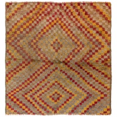 4x4.2 Ft Colorful Mid-Century Anatolian Tulu Rug, 100% Wool Hand-Knotted Carpet