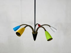 Colorful Mid-Century Brass 5-Arm Sputnik Chandelier, 1950s