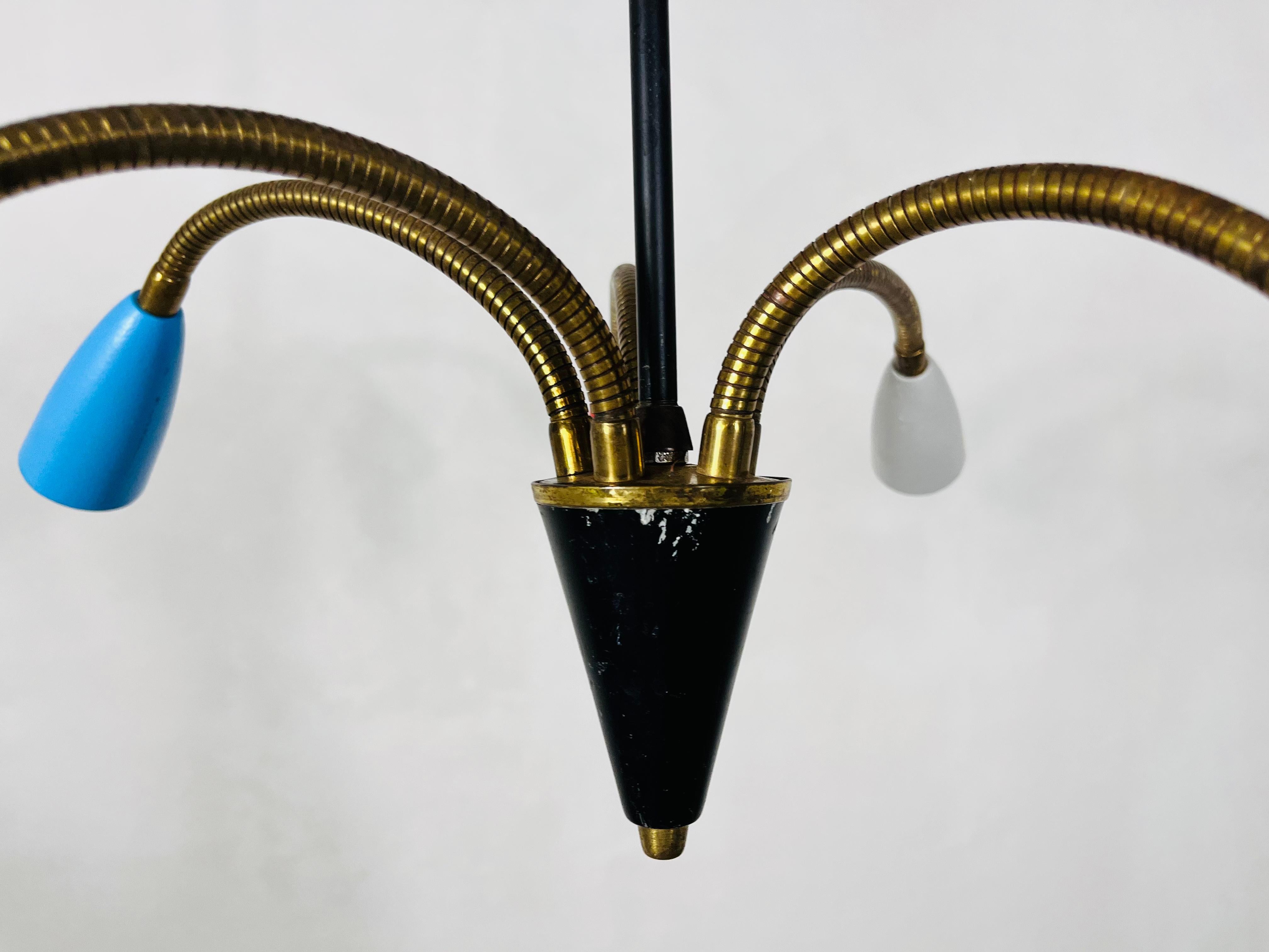 Metal Colorful Mid-Century Brass 5-Arm Sputnik Chandelier, 1950s For Sale