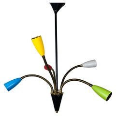 Colorful Mid-Century Brass 5-Arm Sputnik Chandelier, 1950s