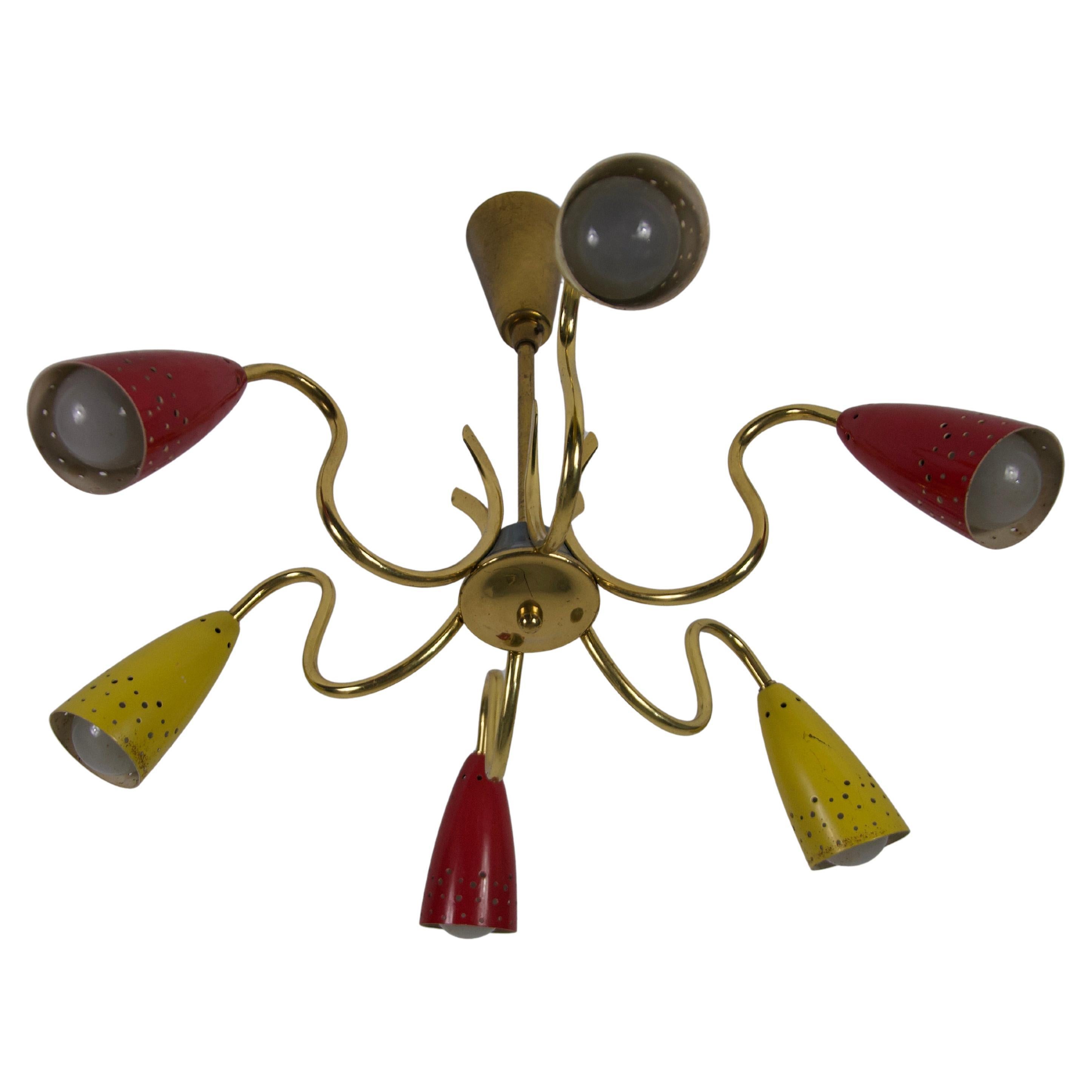 Colorful Mid-Century Brass 6-Arm Sputnik Chandelier, 1950s