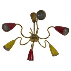 Colorful Mid-Century Brass 6-Arm Sputnik Chandelier, 1950s