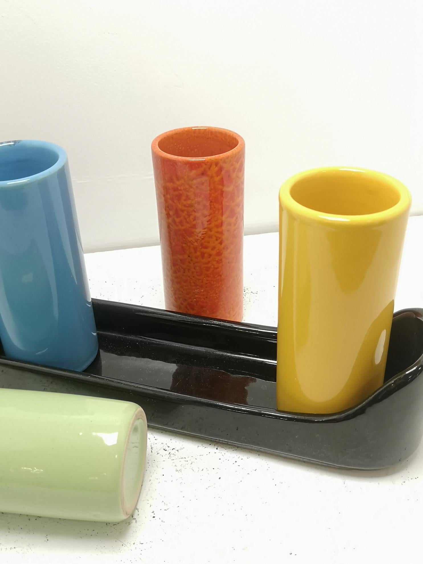 Colorful Mid-Century Ceramic Wine or Liquer Glasses, Set of Six with Tray, 1970s 3