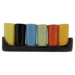 Colorful Mid-Century Ceramic Wine or Liquer Glasses, Set of Six with Tray, 1970s