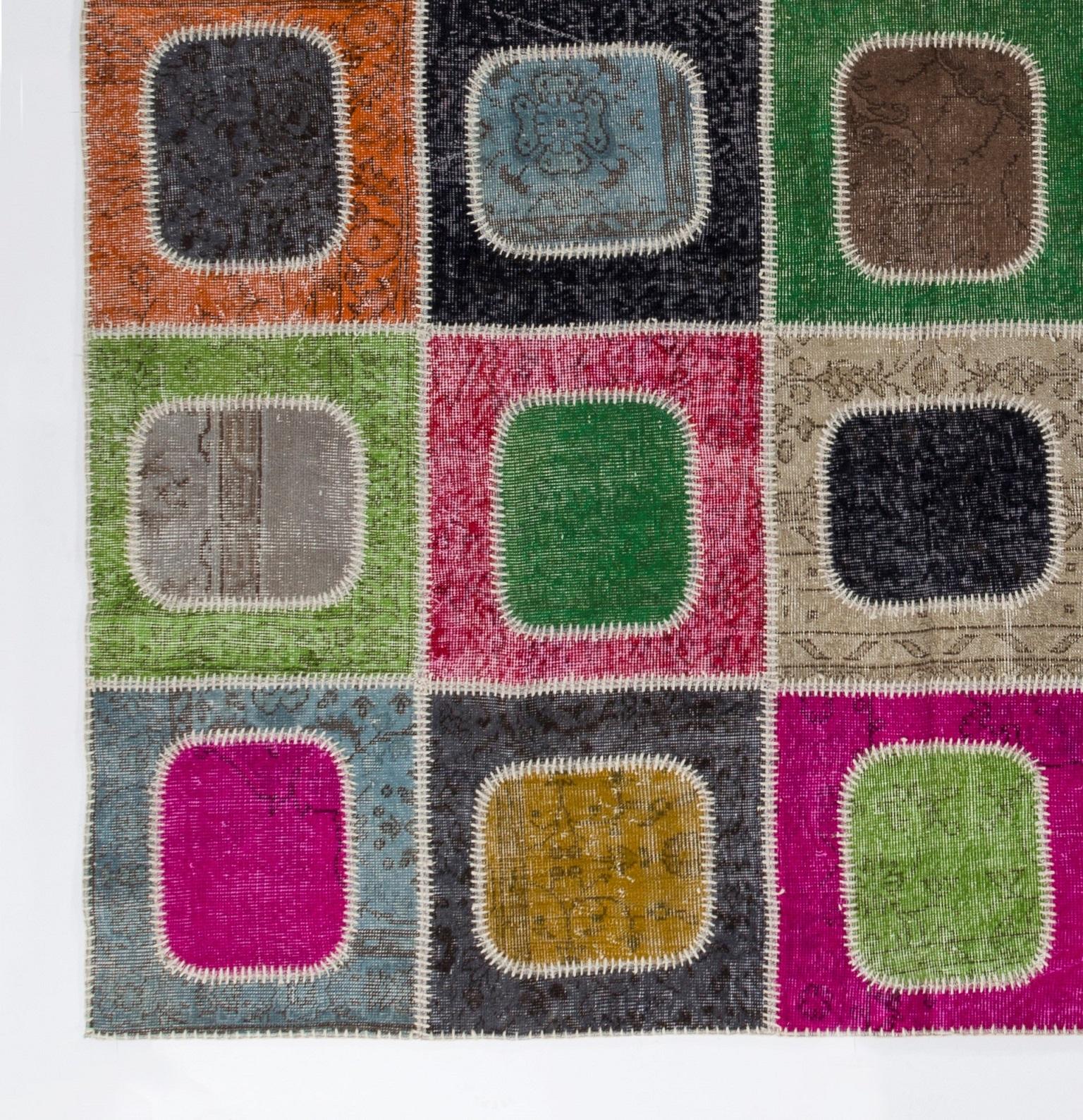 Modern Colorful Vibrant Handmade Geometric Patchwork Rug, Custom Options Available For Sale