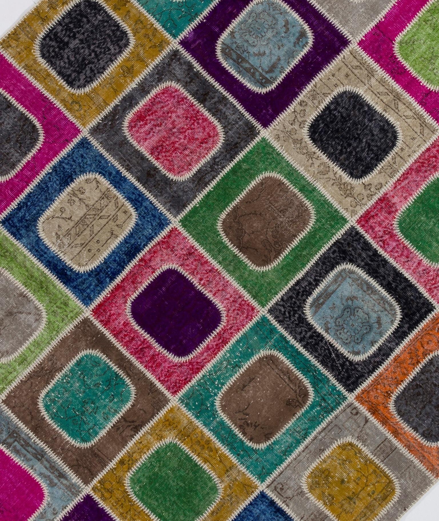 Hand-Knotted Colorful Vibrant Handmade Geometric Patchwork Rug, Custom Options Available For Sale