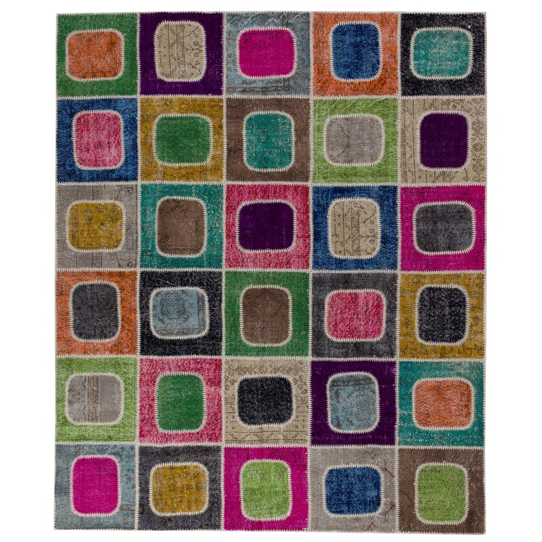 Colorful Mid-Century Handmade Geometric Patchwork Rug, Custom Options ...